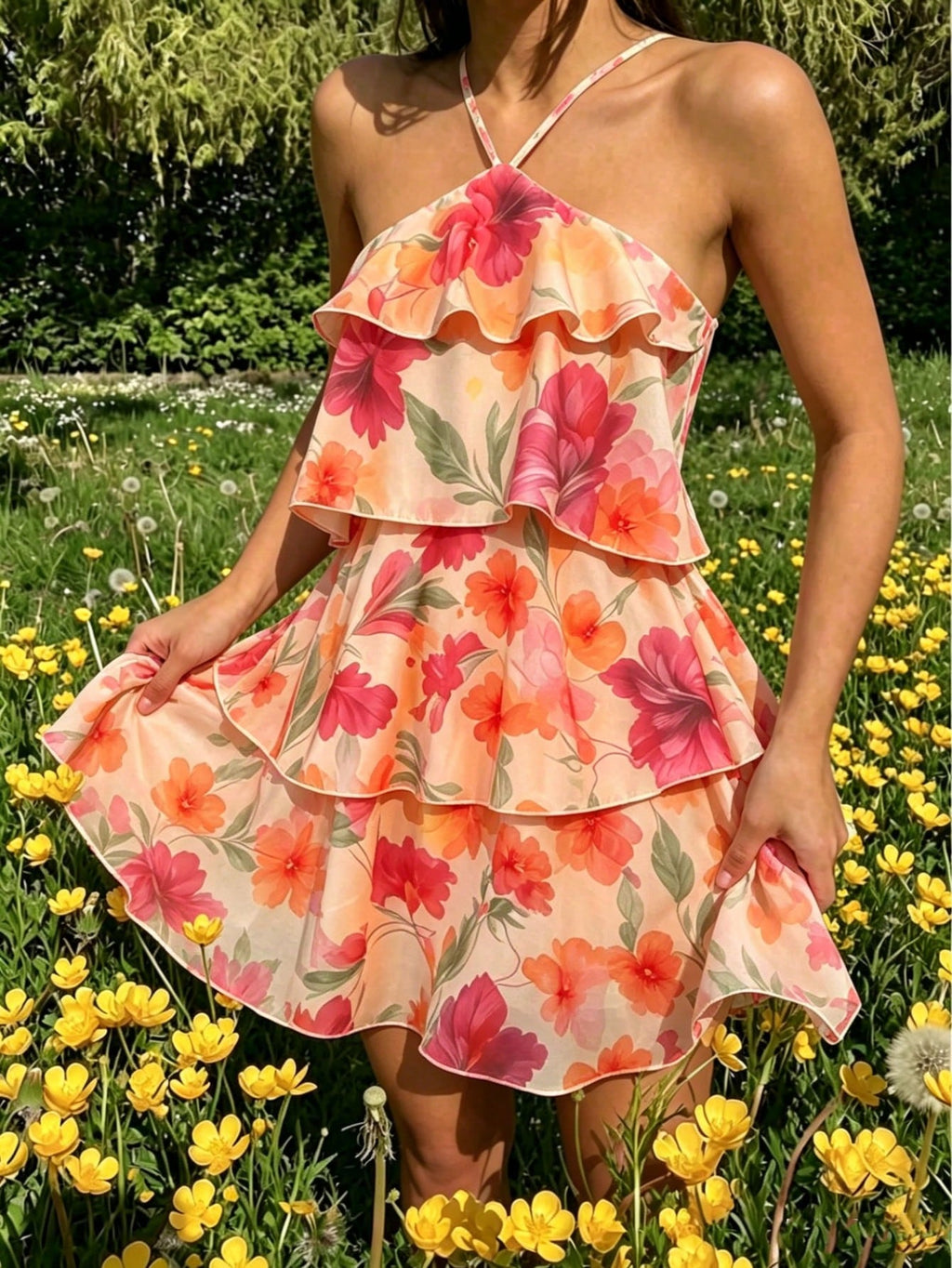 Floral Print Spaghetti Strap Mini Dress - Pink/Red/Orange/Purple Flowers, Green Leaves, Layered Ruffle Hem, - image 16