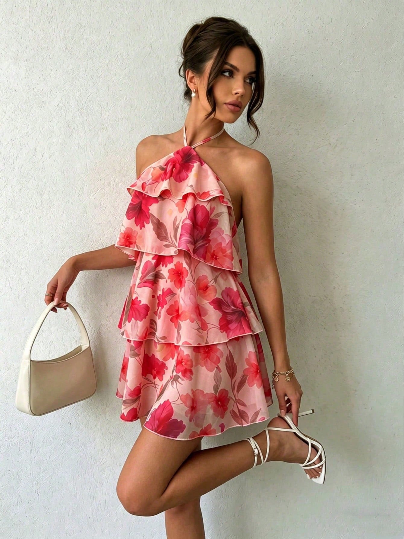 Floral Print Spaghetti Strap Mini Dress - Pink/Red/Orange/Purple Flowers, Green Leaves, Layered Ruffle Hem, - image 19