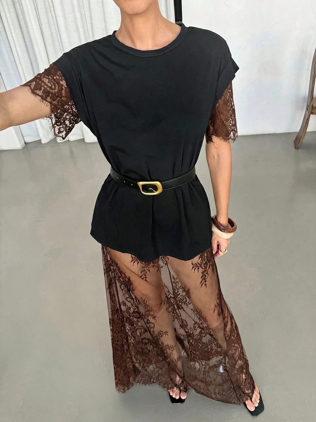 Lavishia Women's Lace Embroidered Sheer Dress Photoshoot Outfit,Black