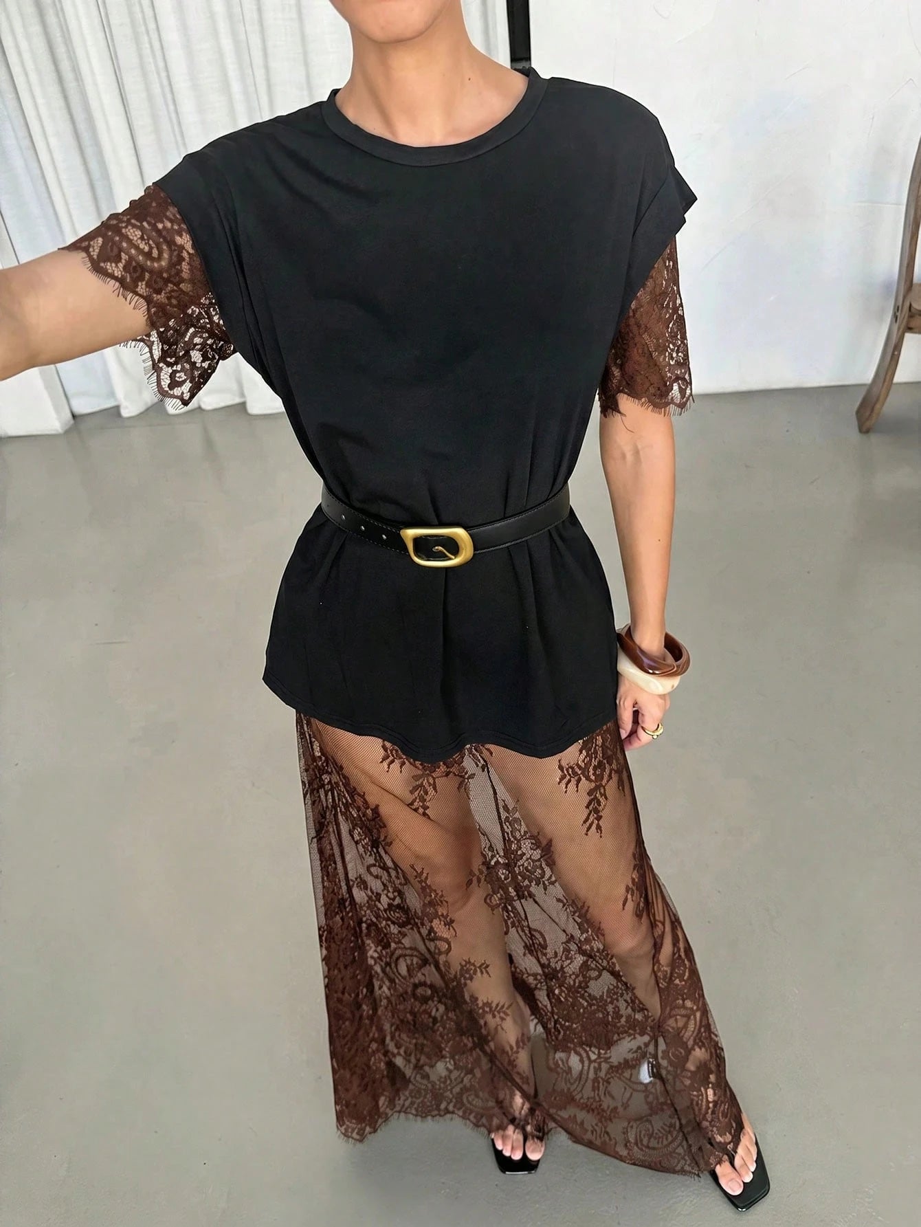 Lavishia Women's Lace Embroidered Sheer Dress Photoshoot Outfit,Black
