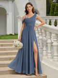 EVERPRETTY Elegant Chiffon Bridesmaid Dress, Pleated Neckline, Embroidered Floral, Long Length, Suitable For