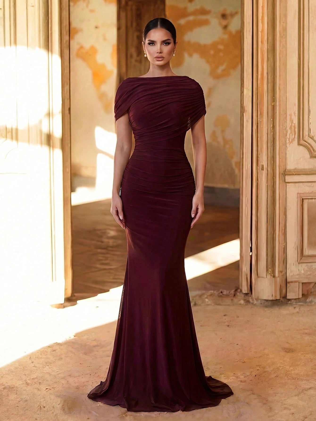 Aureia Elegant Chiffon Overlay Ruffle Decor Fishtail Bridesmaid Dress