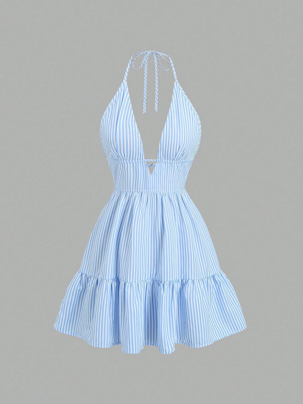 Sunnyshic Women's Blue Striped V-Neck Hollow Out Ruched Backless