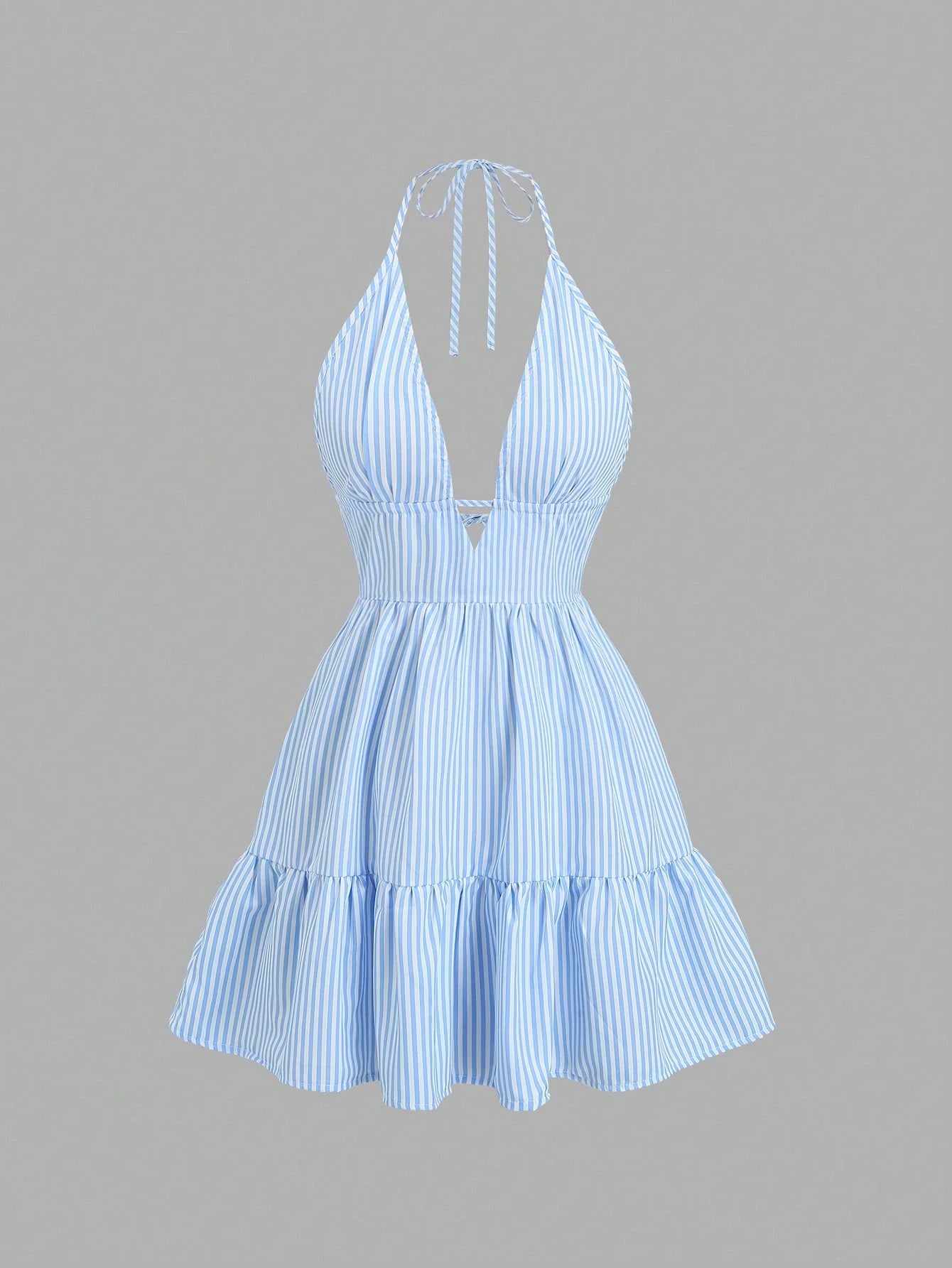 Sunnyshic Women's Blue Striped V-Neck Hollow Out Ruched Backless