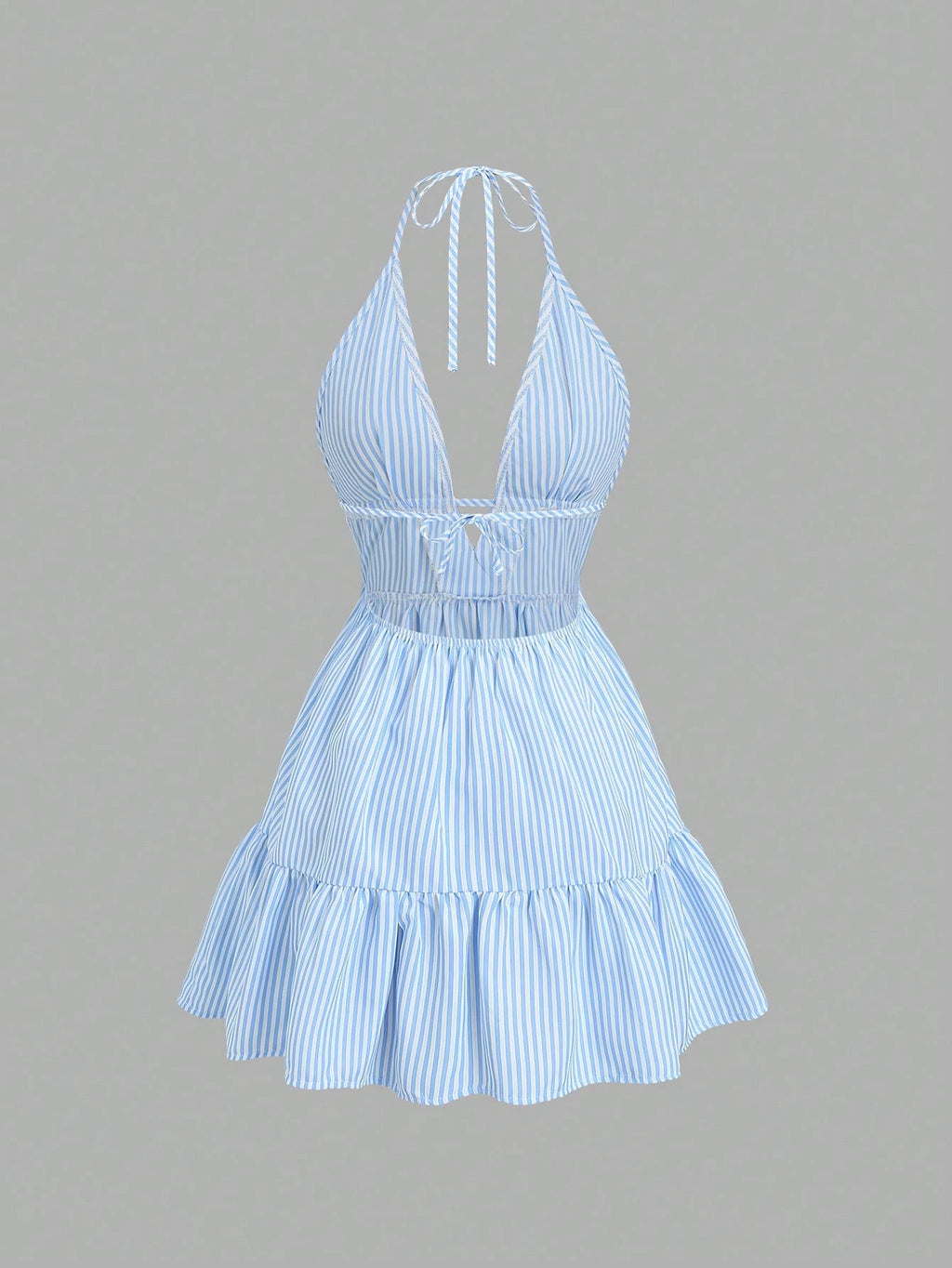 Sunnyshic Women's Blue Striped V-Neck Hollow Out Ruched Backless