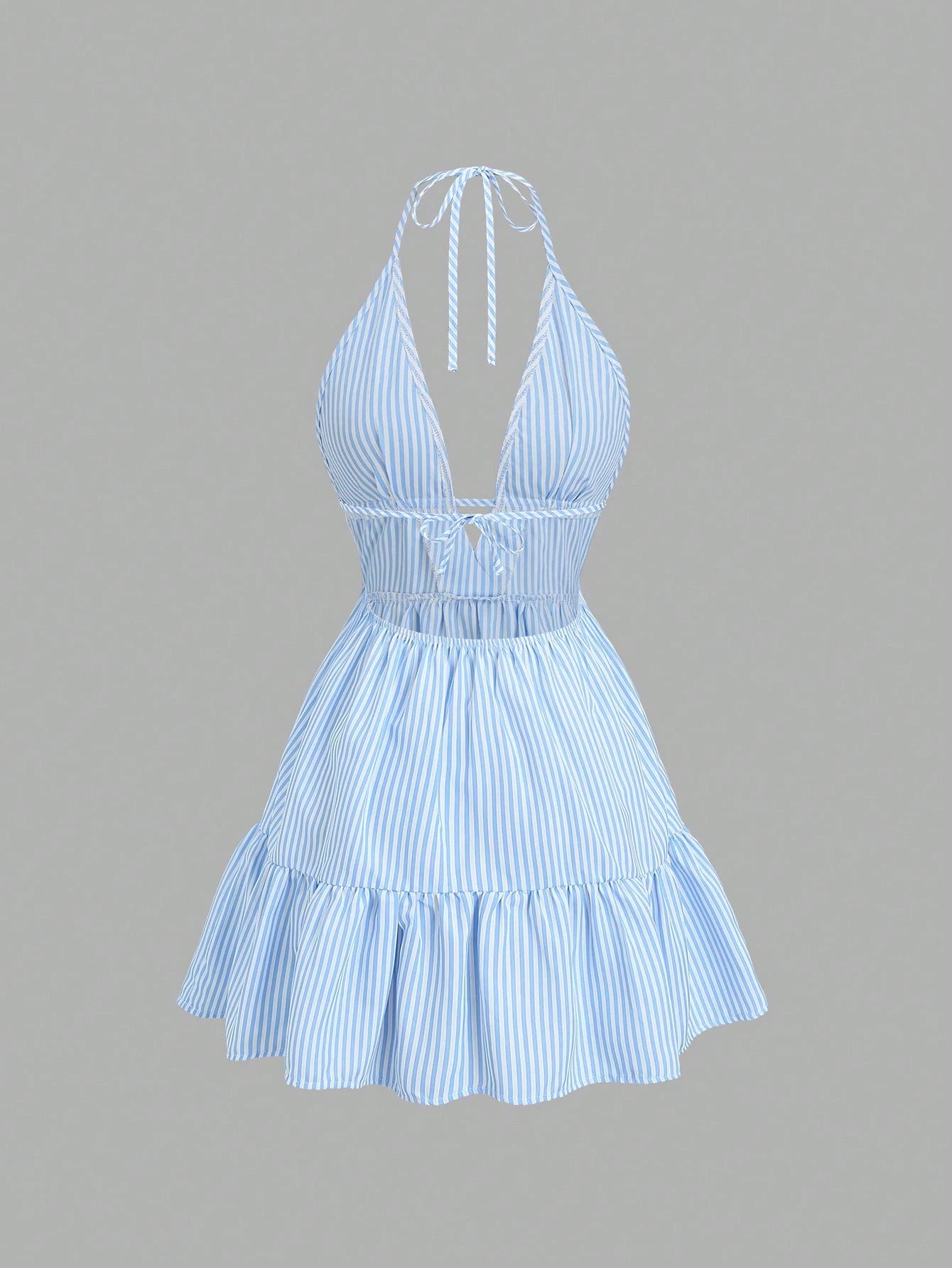 Sunnyshic Women's Blue Striped V-Neck Hollow Out Ruched Backless