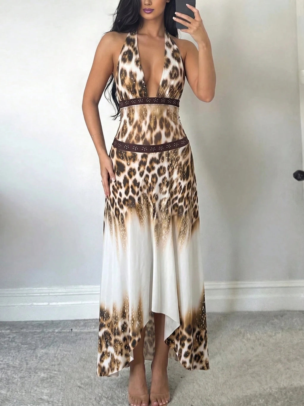 Kliou Leopard Print Sexy Backless Long Dress Woman Summer Bandage