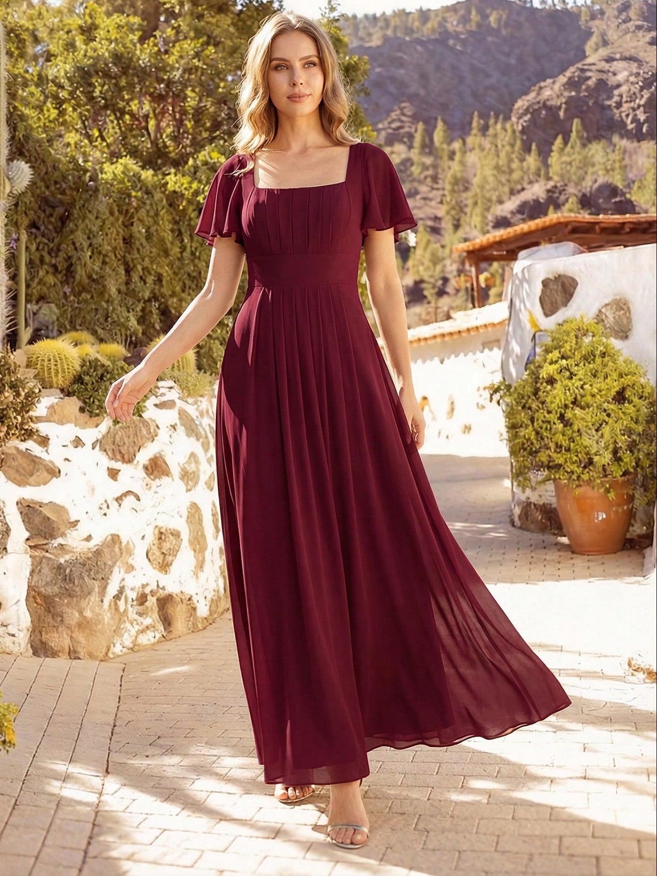 EVERPRETTY Elegant Chiffon Short Sleeve Square Neck Bridesmaid Dress, Autumn Wedding Guest Evening Gown, - image 11
