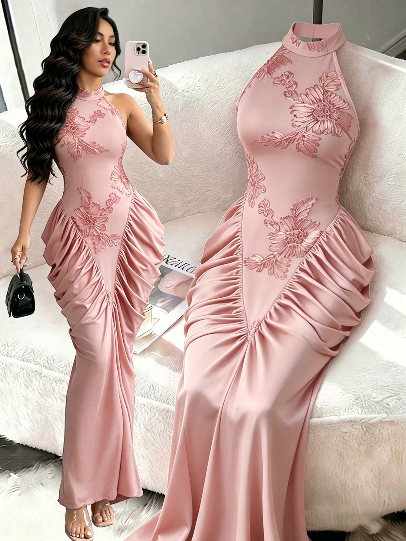 Modelyn Brown Mesh Jacquard Embroidered Backless Halter Neck Slim Fit