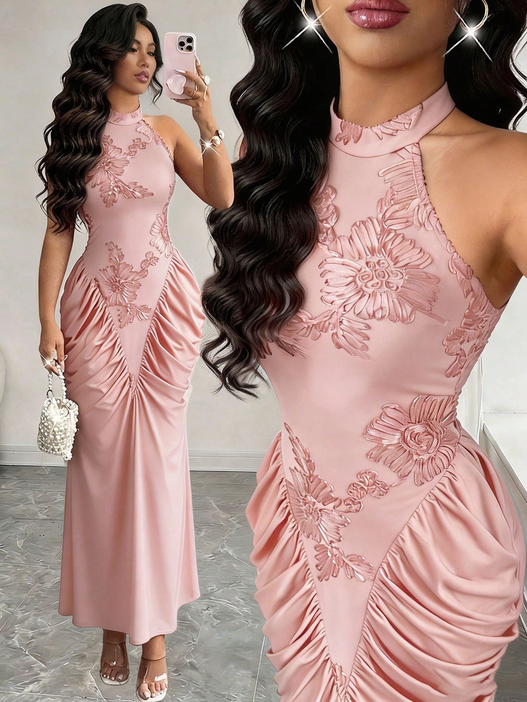 Modelyn Brown Mesh Jacquard Embroidered Backless Halter Neck Slim Fit