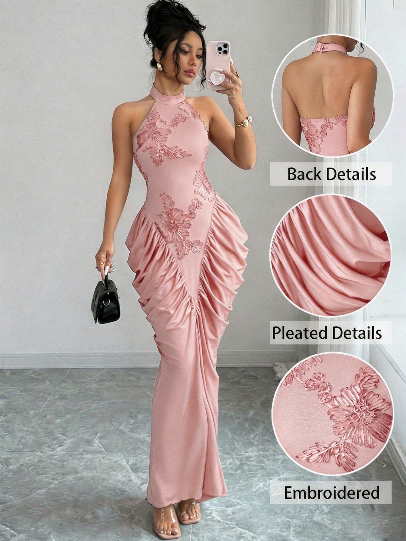 Modelyn Brown Mesh Jacquard Embroidered Backless Halter Neck Slim Fit