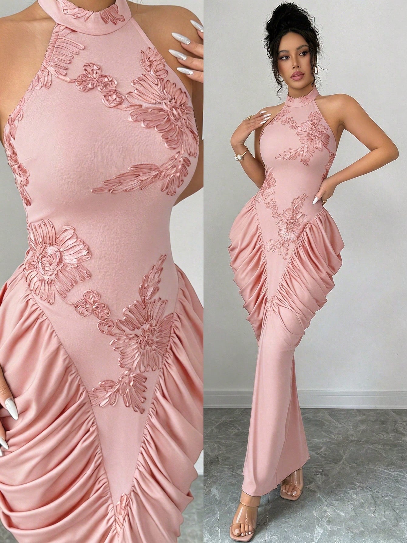 Modelyn Brown Mesh Jacquard Embroidered Backless Halter Neck Slim Fit