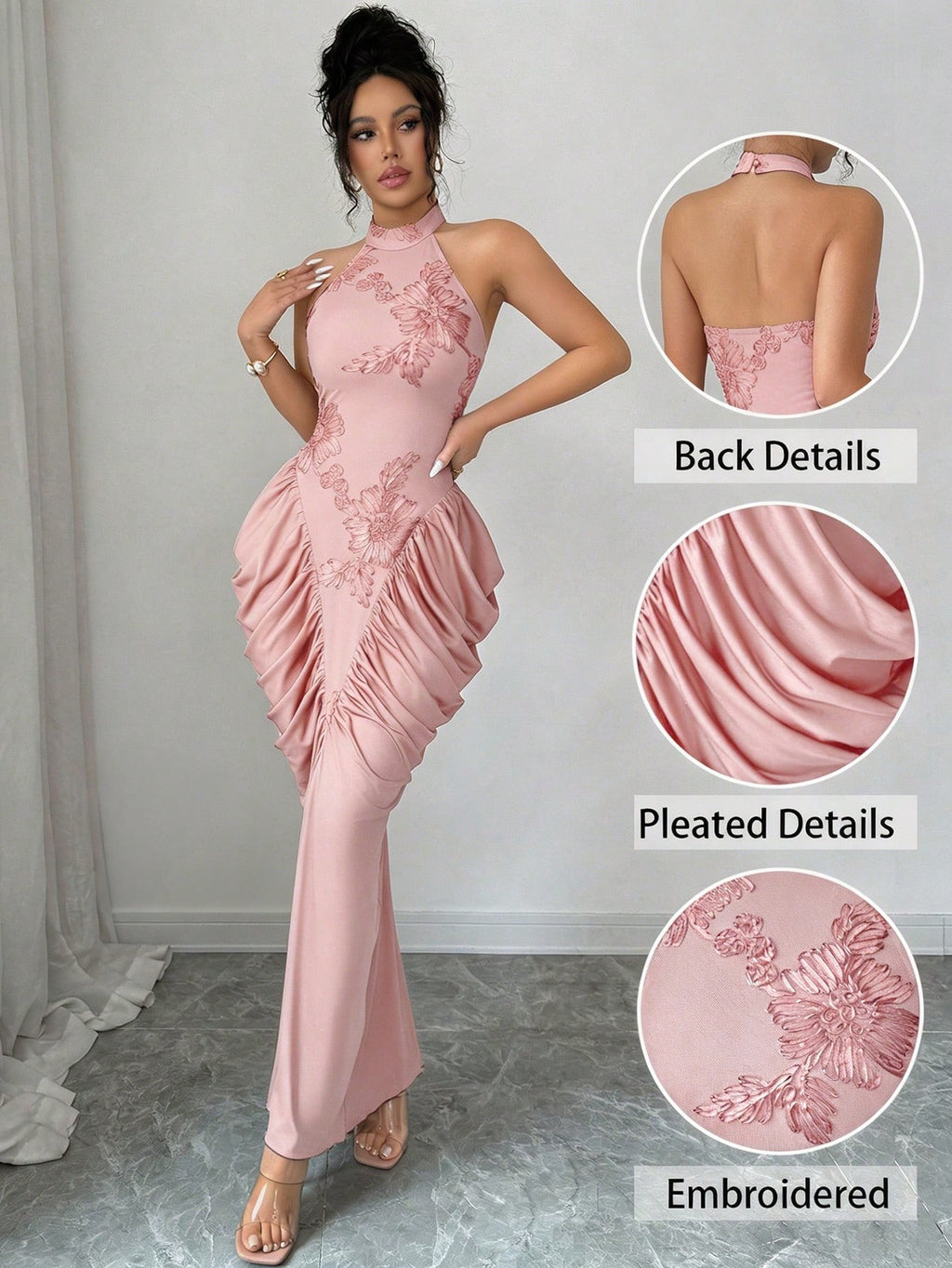 Modelyn Brown Mesh Jacquard Embroidered Backless Halter Neck Slim Fit