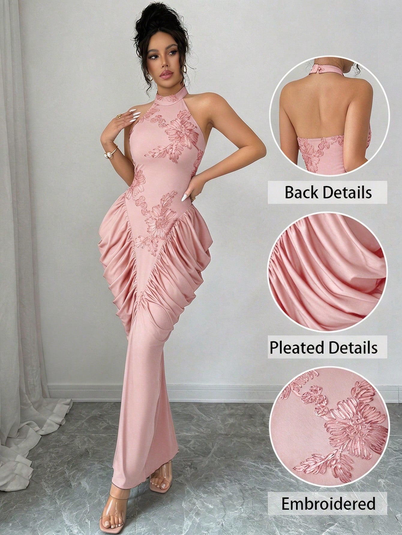 Modelyn Brown Mesh Jacquard Embroidered Backless Halter Neck Slim Fit