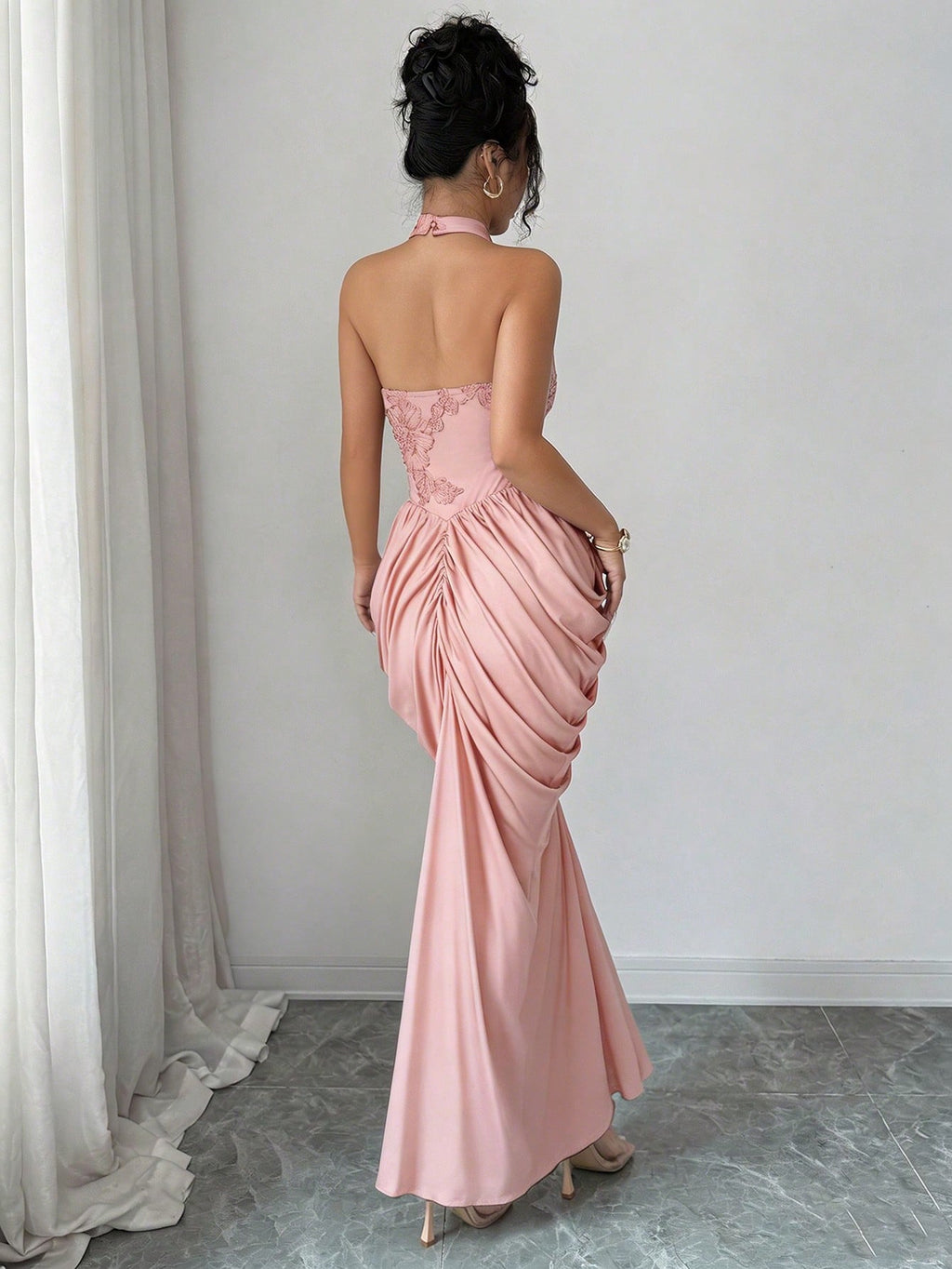Modelyn Brown Mesh Jacquard Embroidered Backless Halter Neck Slim Fit