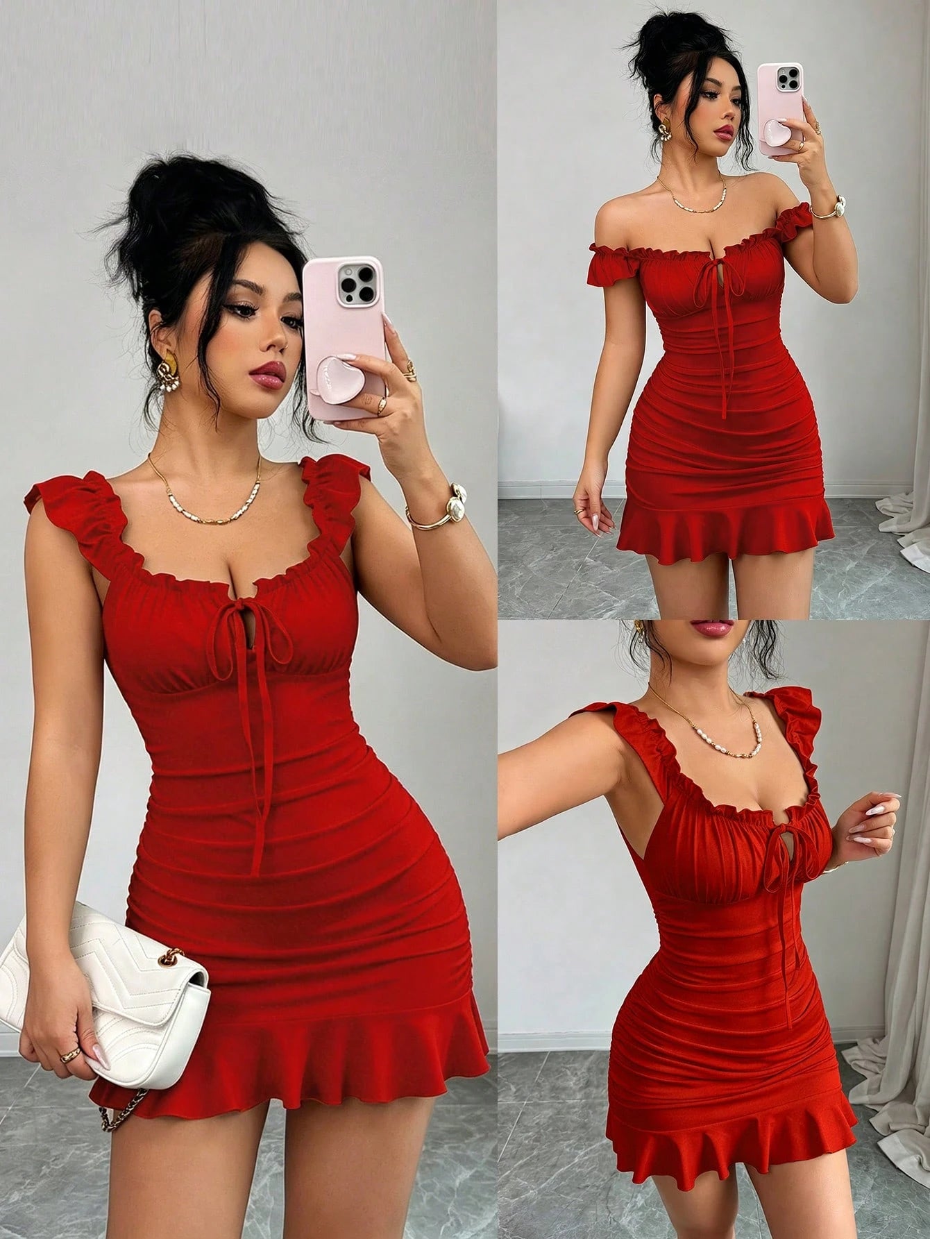 Elenzga Women's Elegant Ruched Tie Strap Flounce Hem Sexy Dress,