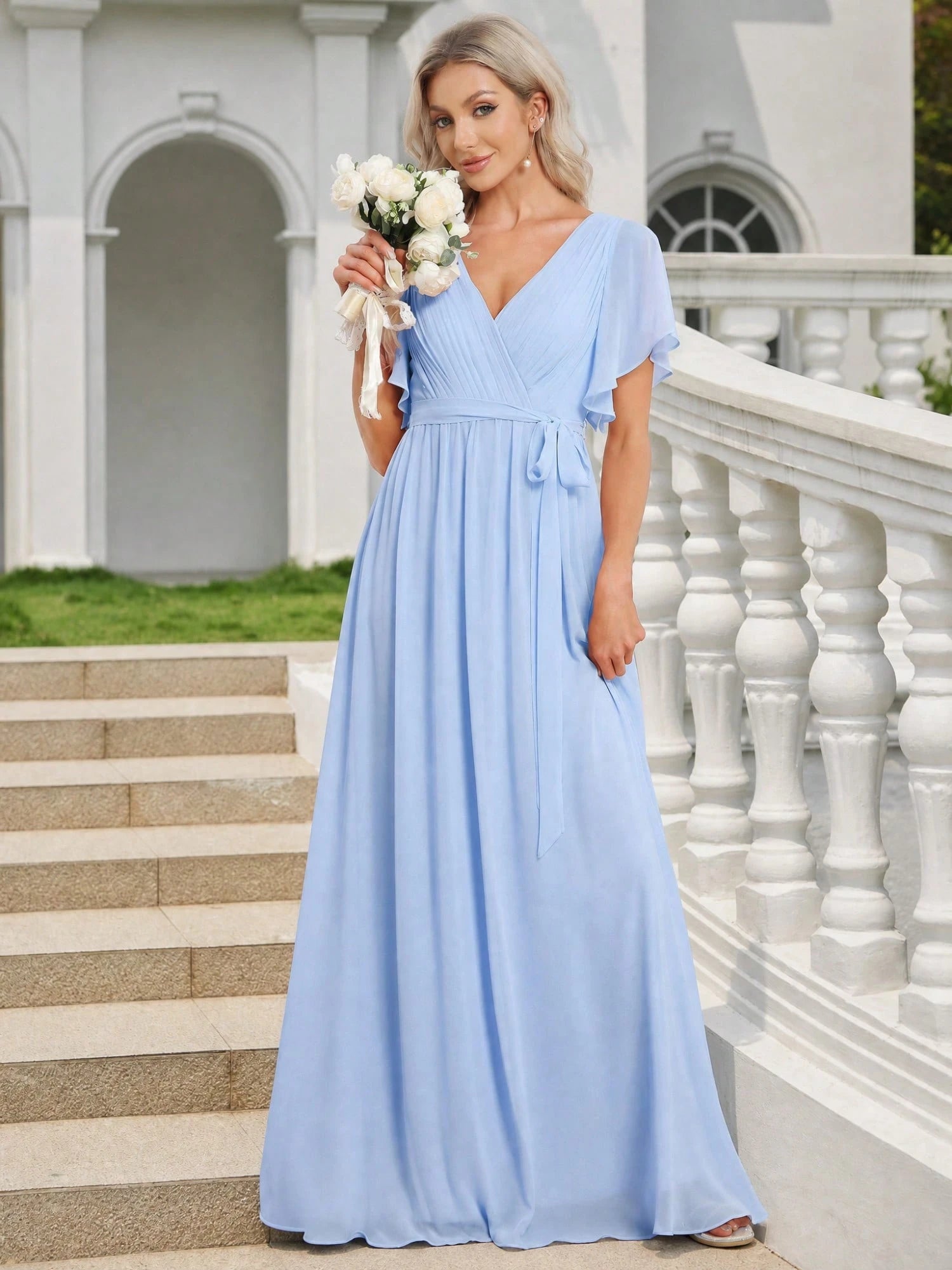 EVERPRETTY Butterfly Sleeve Pleated Chiffon Light Pink Bridesmaid