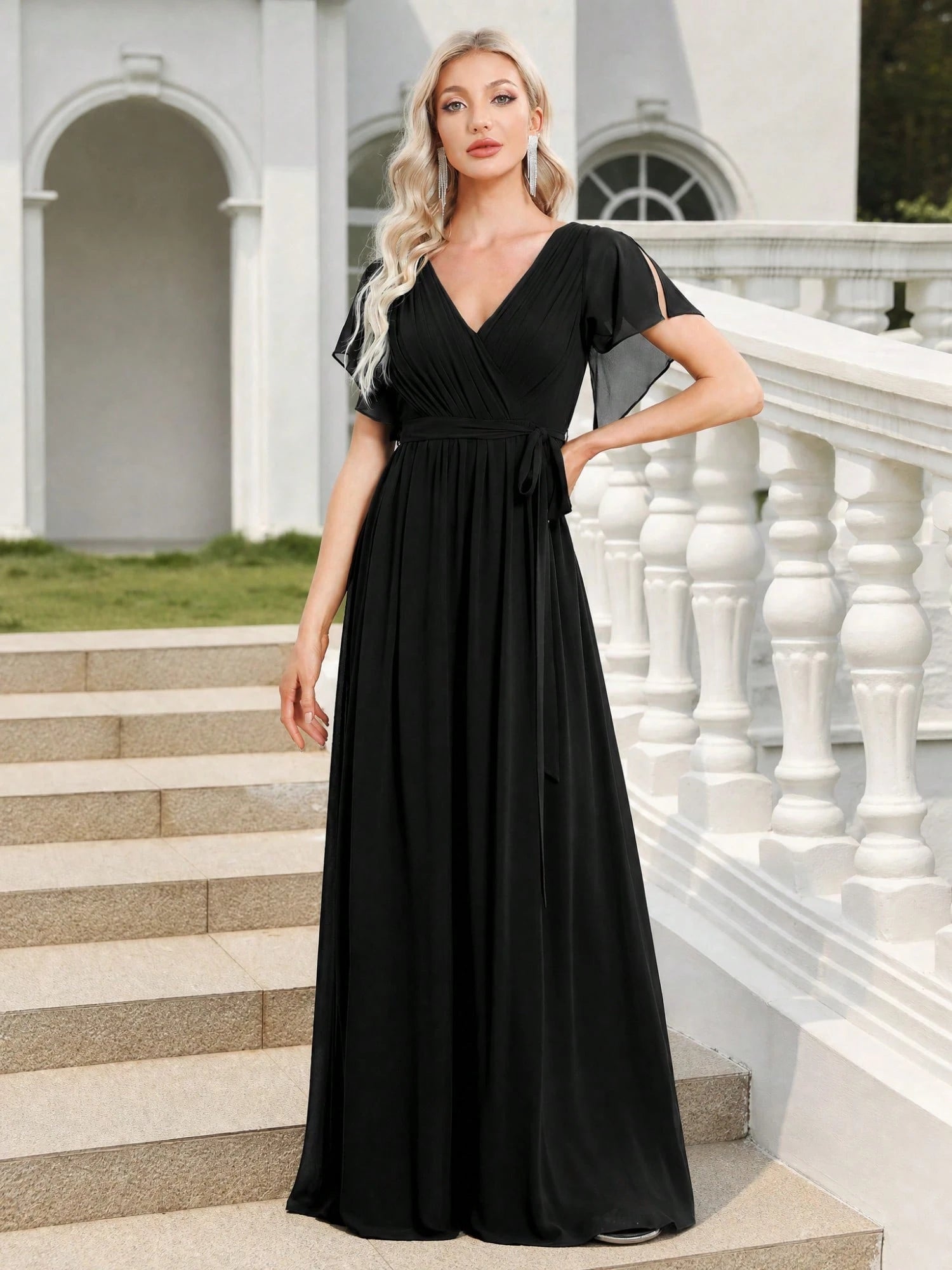 EVERPRETTY Butterfly Sleeve Pleated Chiffon Light Pink Bridesmaid