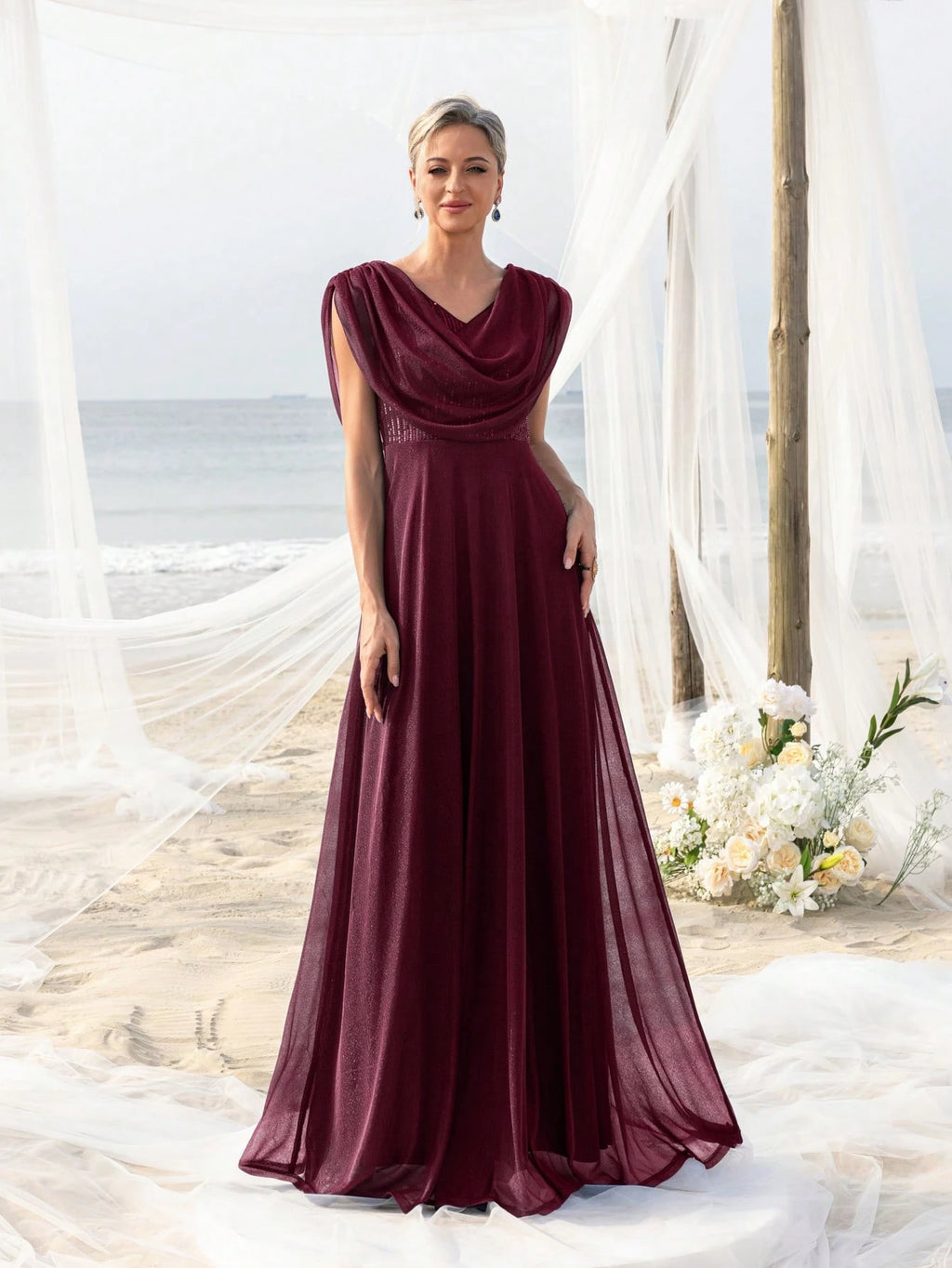 Elegant Pleated Collar Dress For Bride's Mother, Suitable For Beach Bachelorette Party, Beach Wedding Gown, - image 15