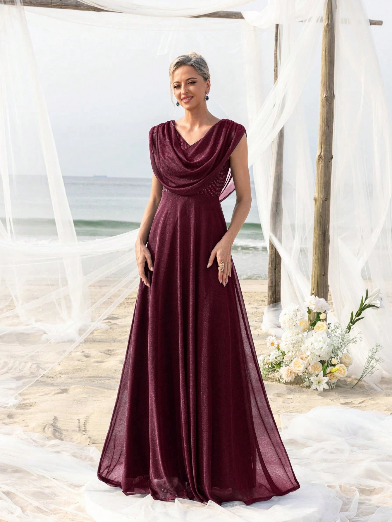 Elegant Pleated Collar Dress For Bride's Mother, Suitable For Beach Bachelorette Party, Beach Wedding Gown, - image 11