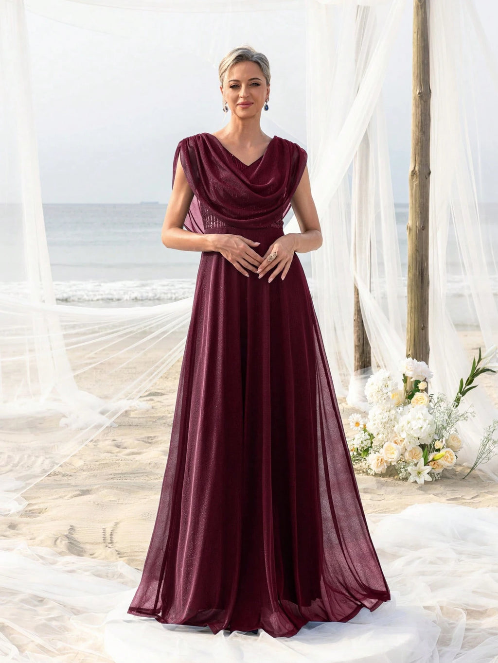 Elegant Pleated Collar Dress For Bride's Mother, Suitable For Beach Bachelorette Party, Beach Wedding Gown, - image 16