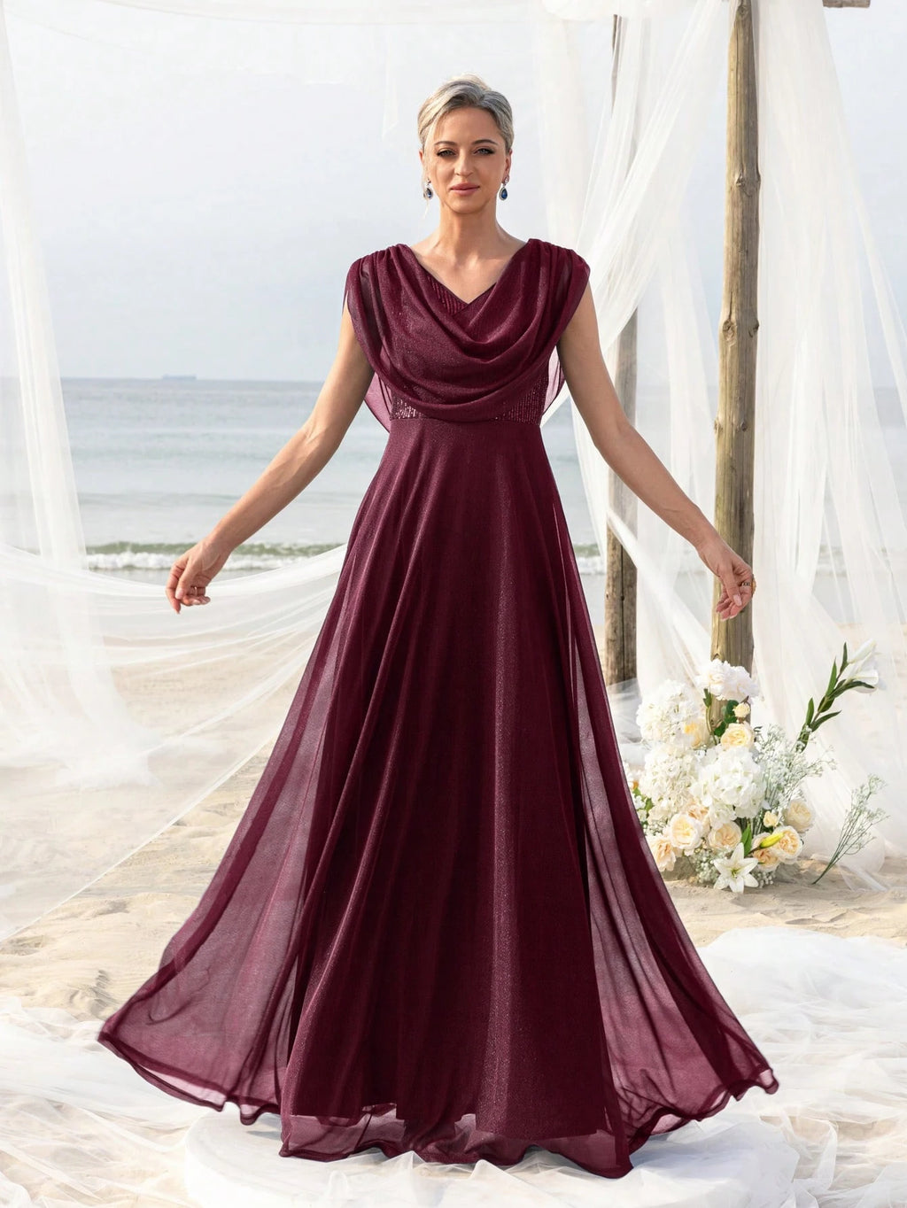 Elegant Pleated Collar Dress For Bride's Mother, Suitable For Beach Bachelorette Party, Beach Wedding Gown, - image 13