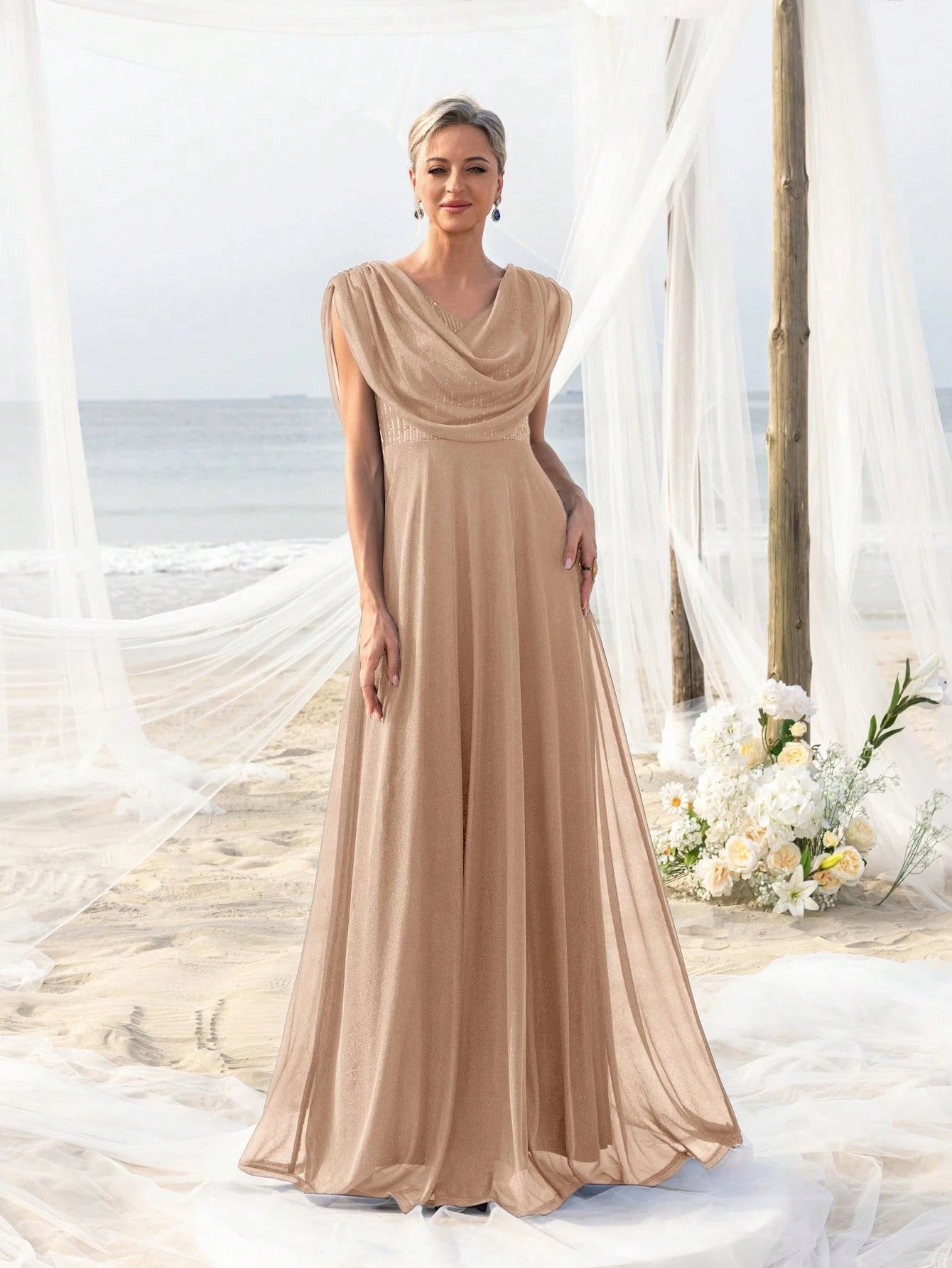 Elegant Pleated Collar Dress For Bride's Mother, Suitable For Beach Bachelorette Party, Beach Wedding Gown, - image 7