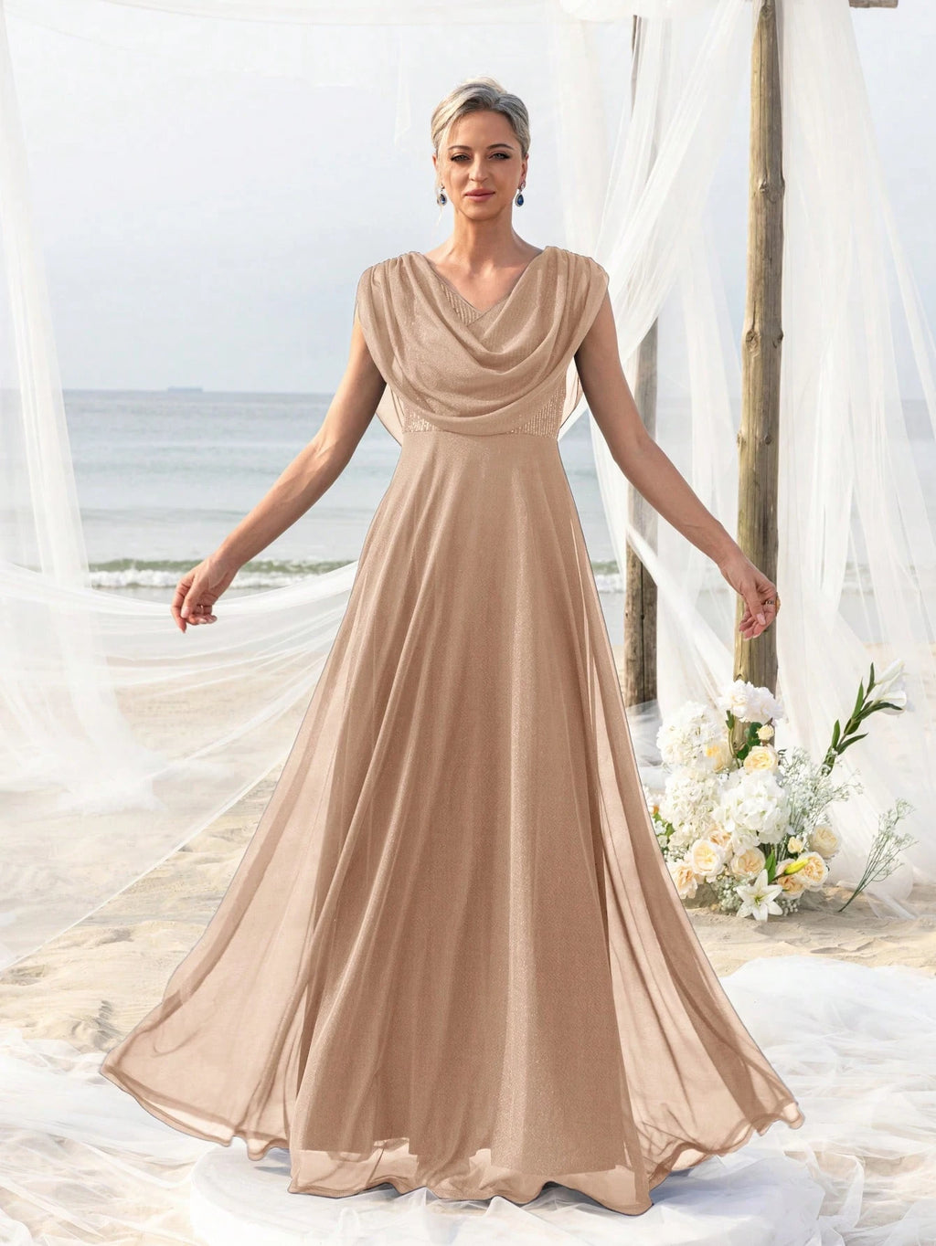Elegant Pleated Collar Dress For Bride's Mother, Suitable For Beach Bachelorette Party, Beach Wedding Gown, - image 8