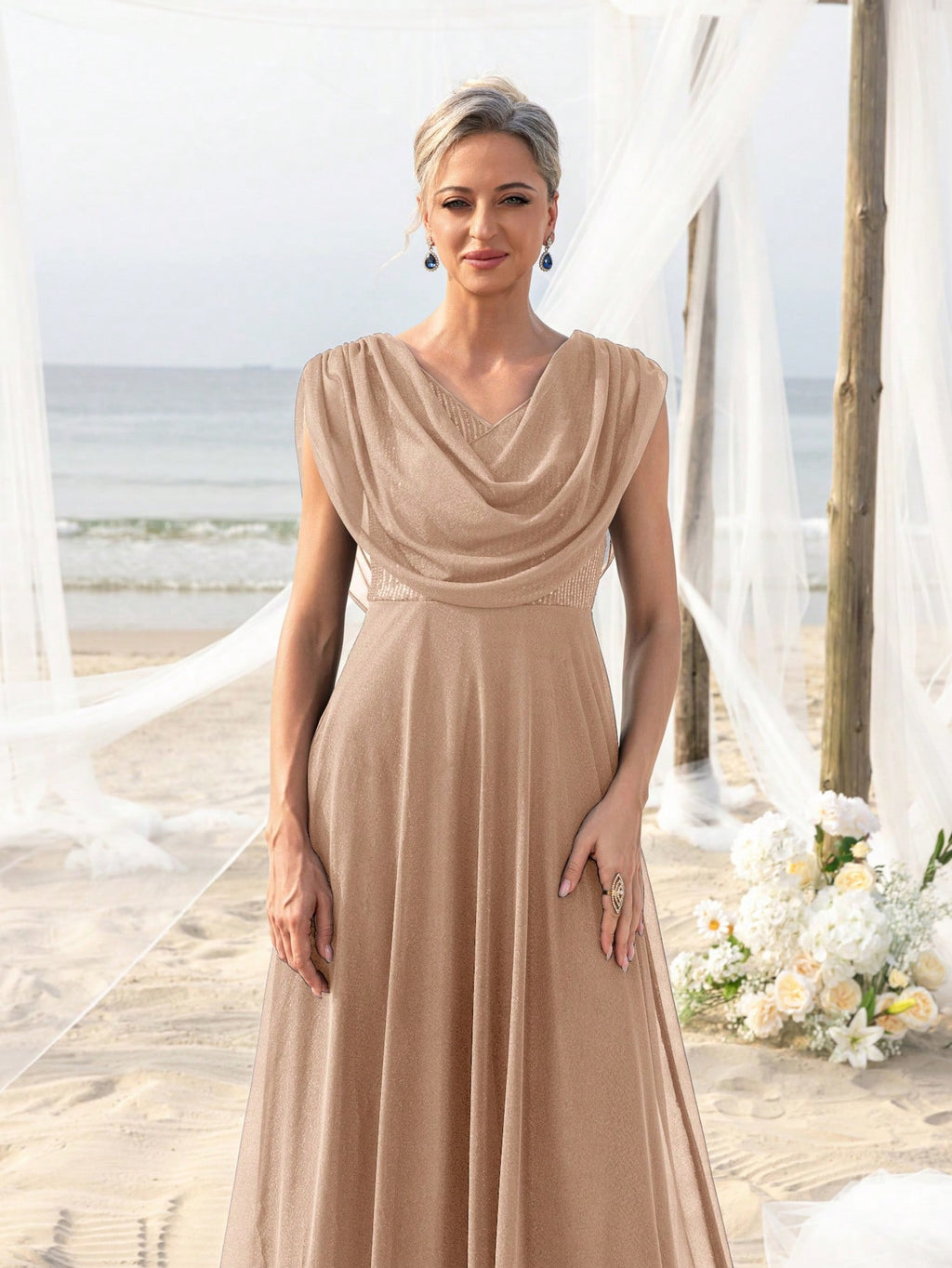 Elegant Pleated Collar Dress For Bride's Mother, Suitable For Beach Bachelorette Party, Beach Wedding Gown, - image 10