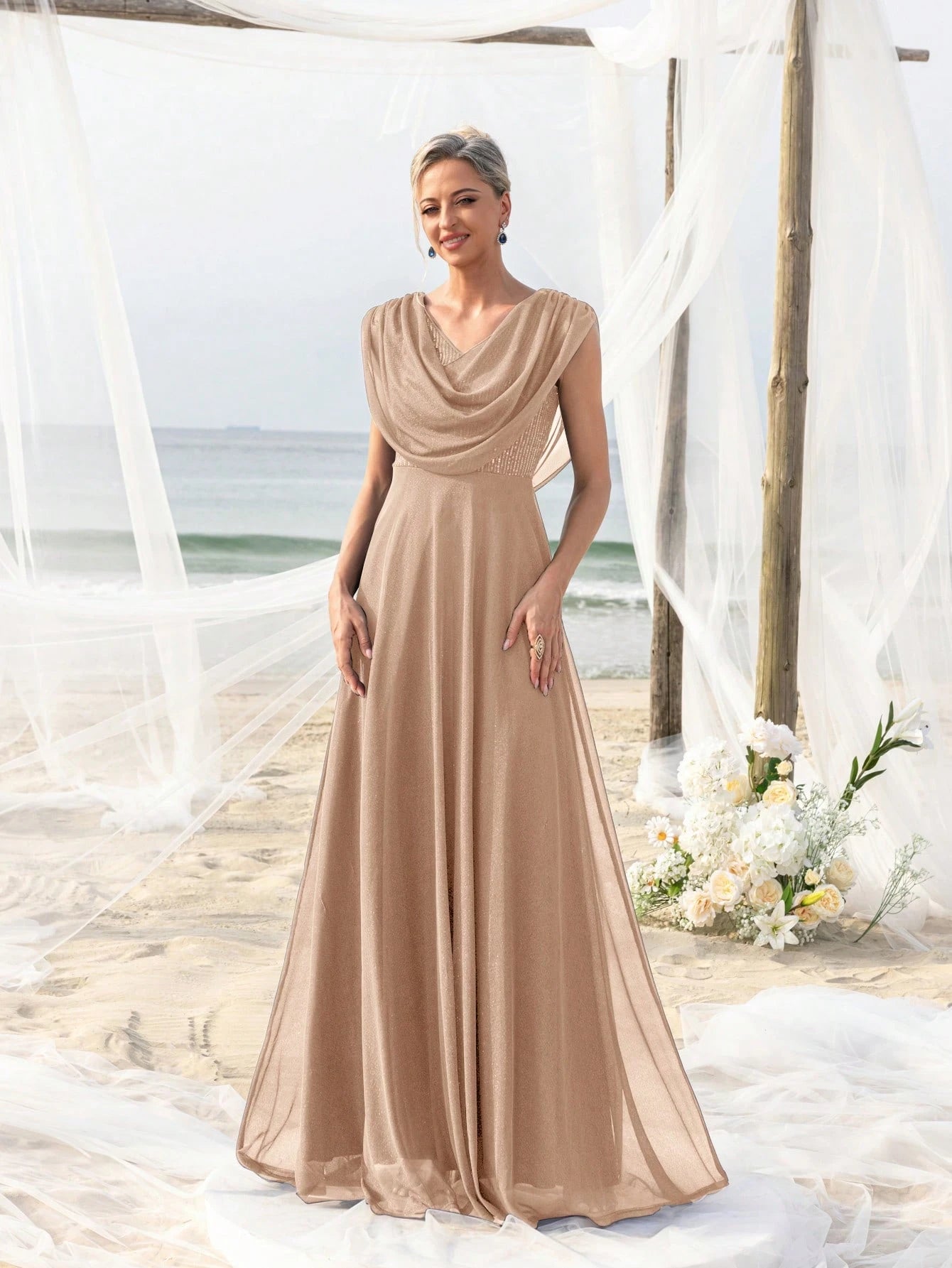 Elegant Pleated Collar Dress For Bride's Mother, Suitable For Beach Bachelorette Party, Beach Wedding Gown, - image 9