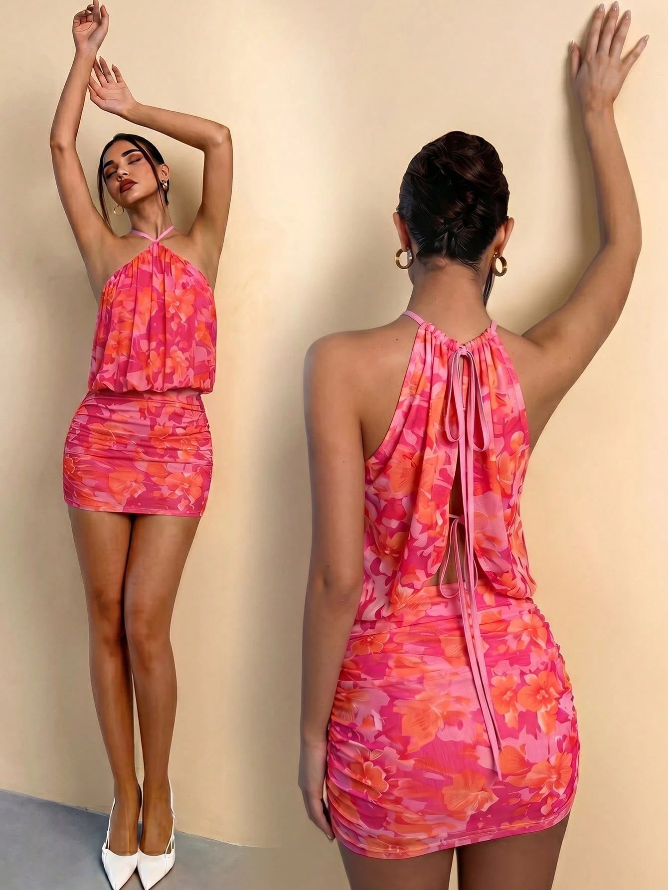 Glamine Hot Pink Floral Mesh Mini Dress Elegant Sexy Halter Neck