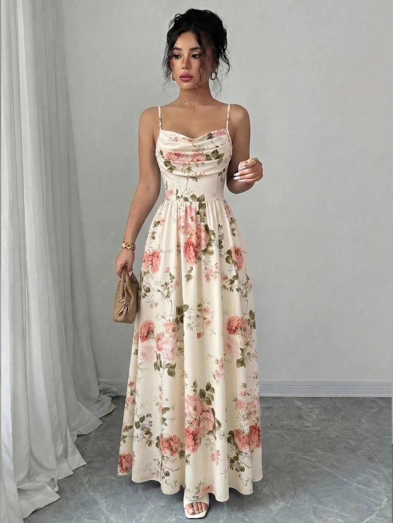 Elenzga Women's Elegant Boho Chiffon Spaghetti Strap Waist Cinched