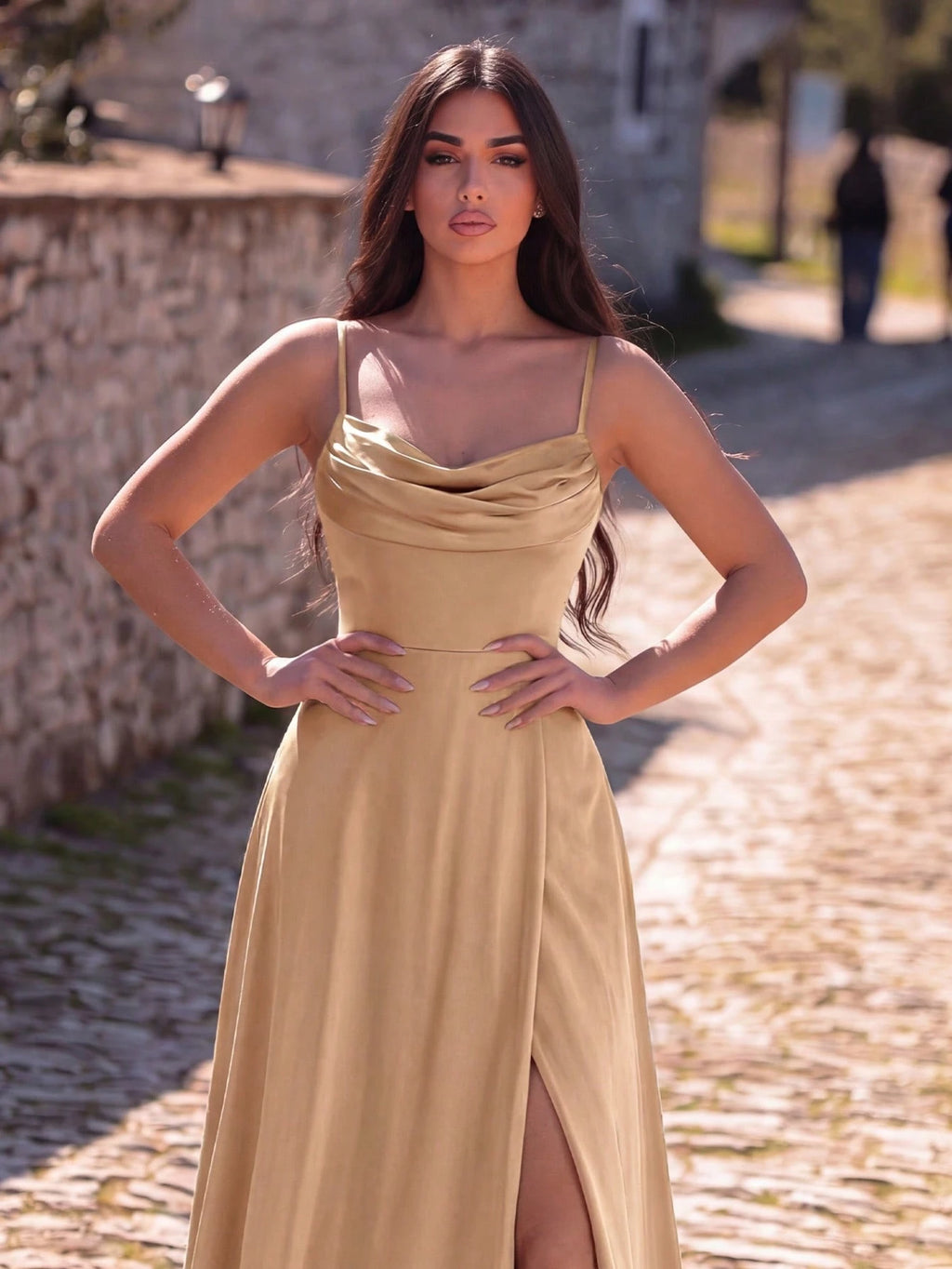 Elegant Spaghetti Strap Evening Gown, Ruched Bodice, High Slit, Perfect For Galas, Weddings, Prom, Red - image 3