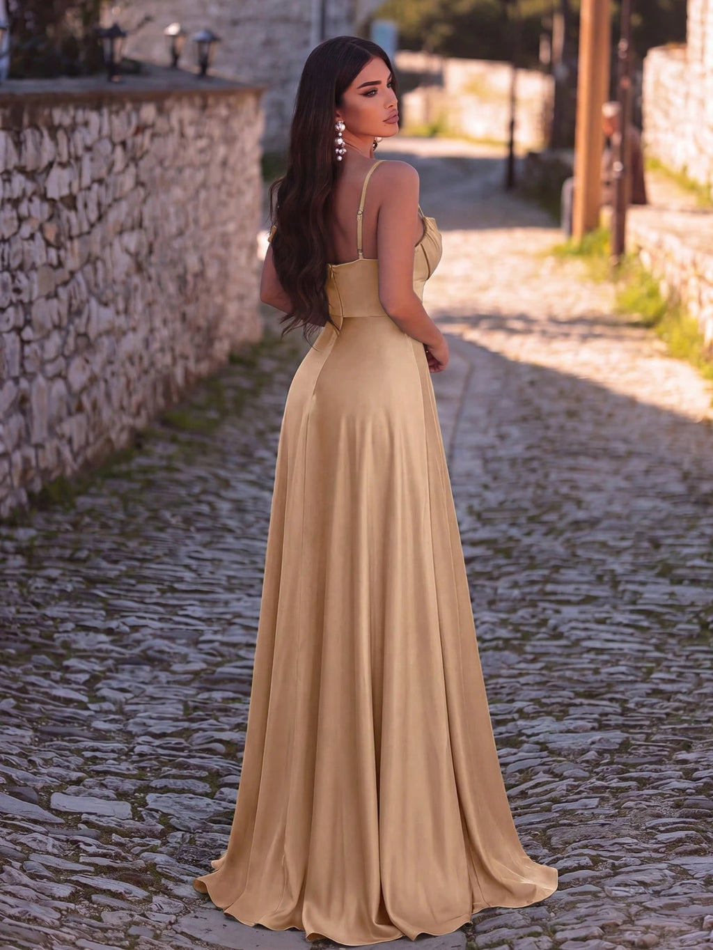 Elegant Spaghetti Strap Evening Gown, Ruched Bodice, High Slit, Perfect For Galas, Weddings, Prom, Red - image 2