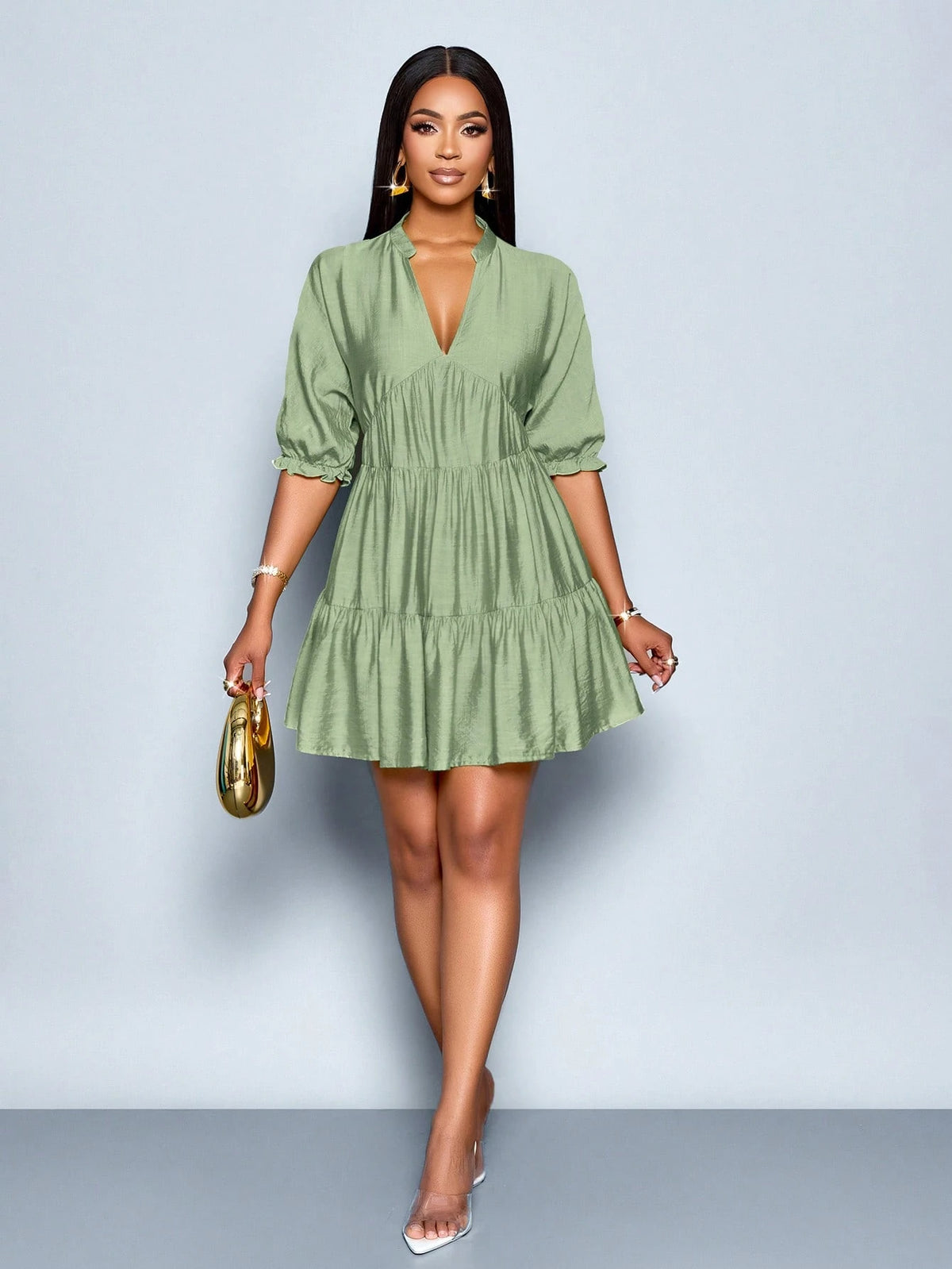 SOLERSUN Elegant Mustard Yellow Summer Dress,Women's Casual V-Neck Babydoll Mini Dress,Solid Color A-Line - image 17