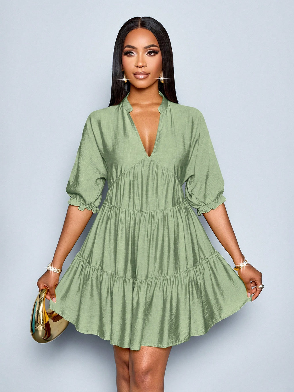 SOLERSUN Elegant Mustard Yellow Summer Dress,Women's Casual V-Neck Babydoll Mini Dress,Solid Color A-Line - image 20