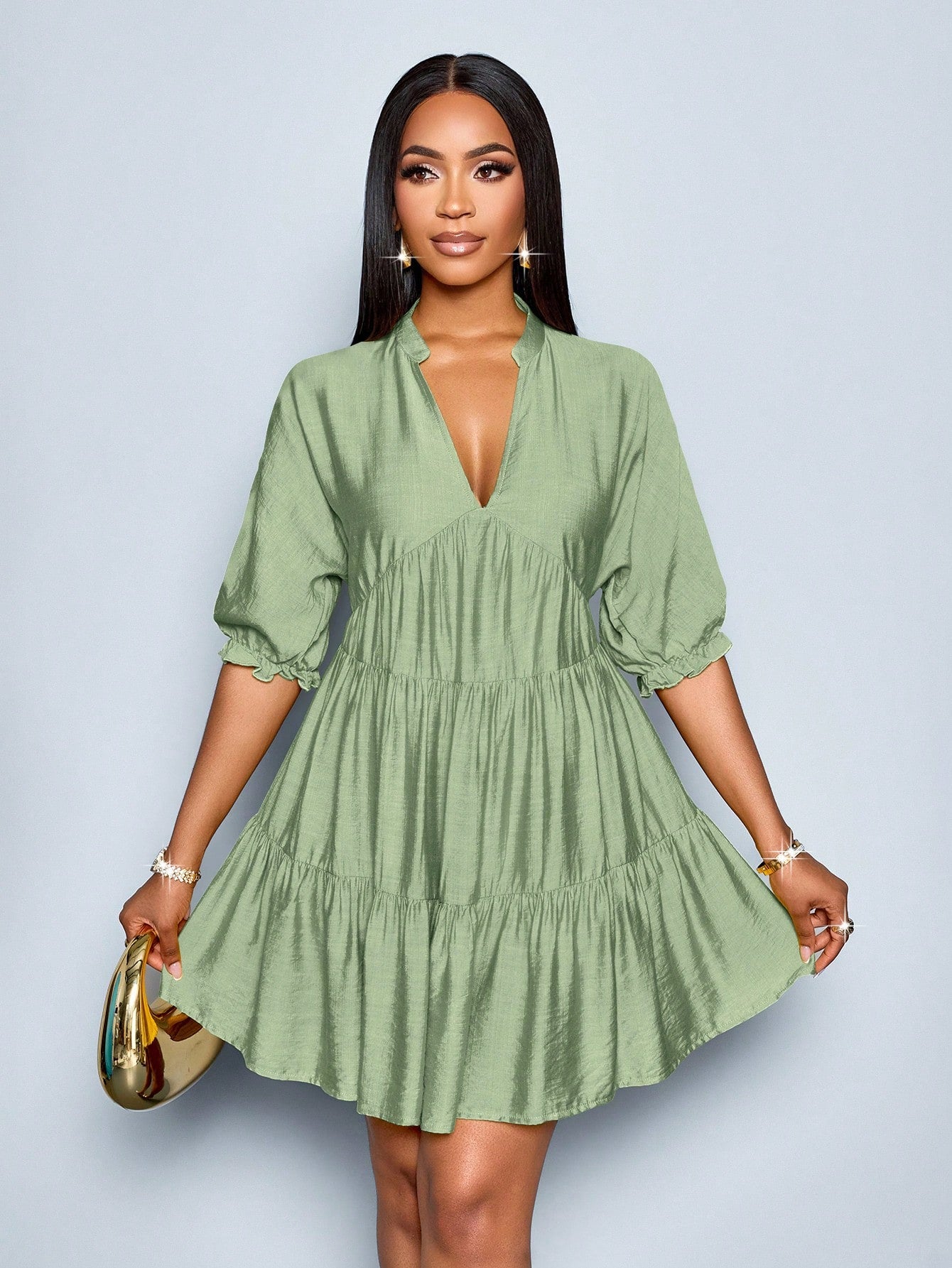 SOLERSUN Elegant Mustard Yellow Summer Dress,Women's Casual V-Neck Babydoll Mini Dress,Solid Color A-Line - image 20