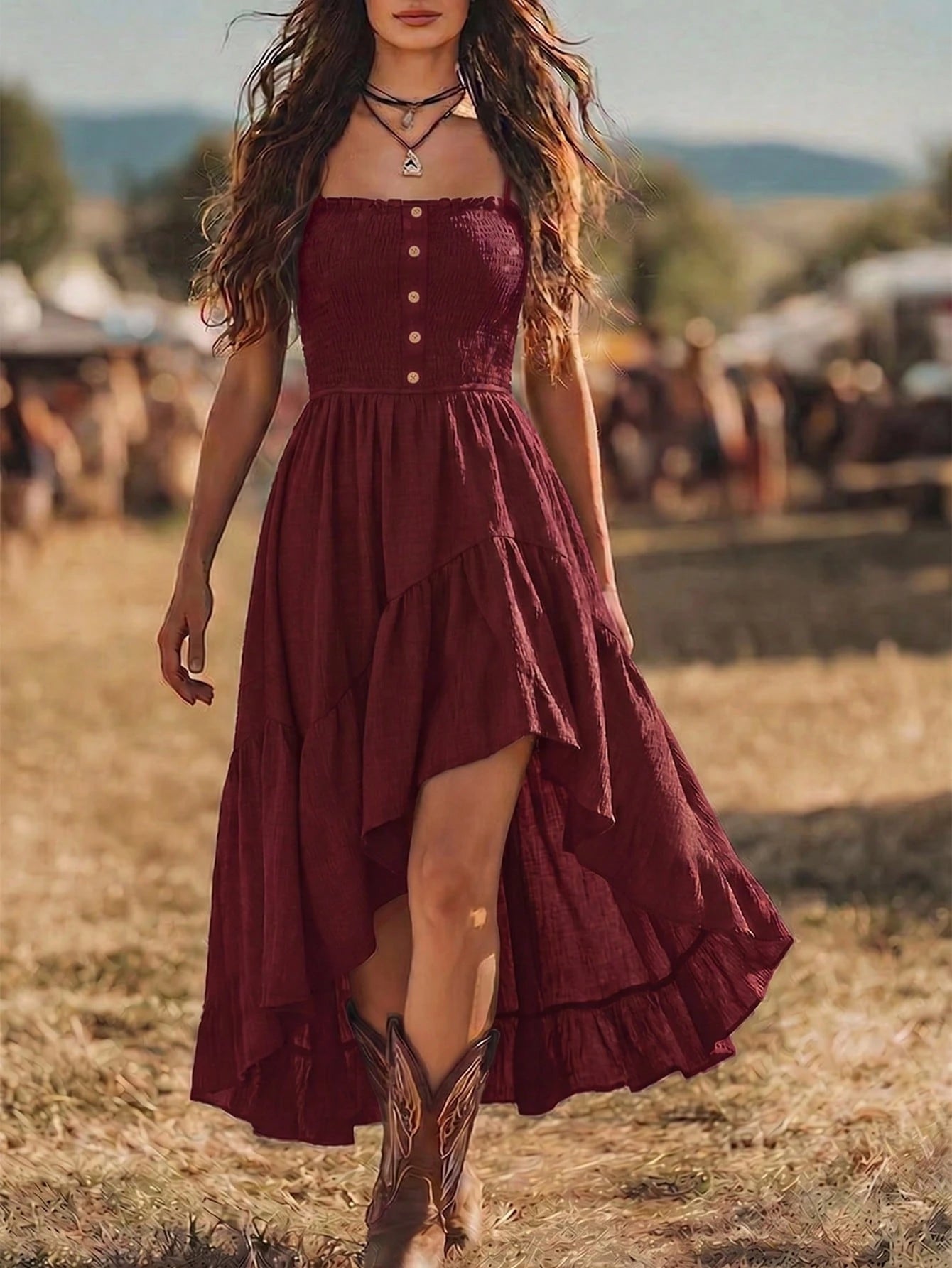 Balvessa Bohemian Style Casual Vacation Front Short Back Long Cinched