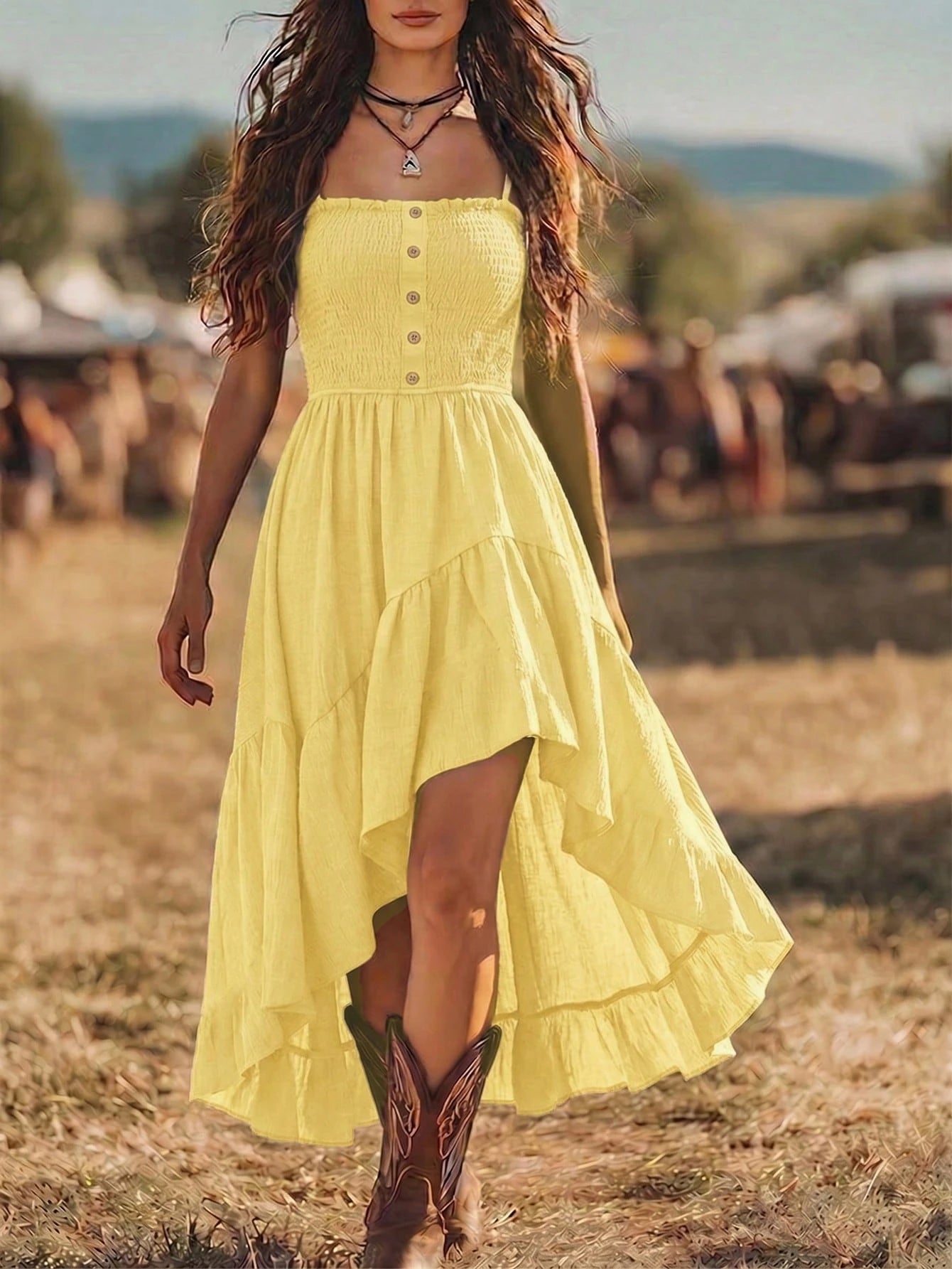 Bohemian Style Casual Vacation Front Short Back Long Cinched Dress