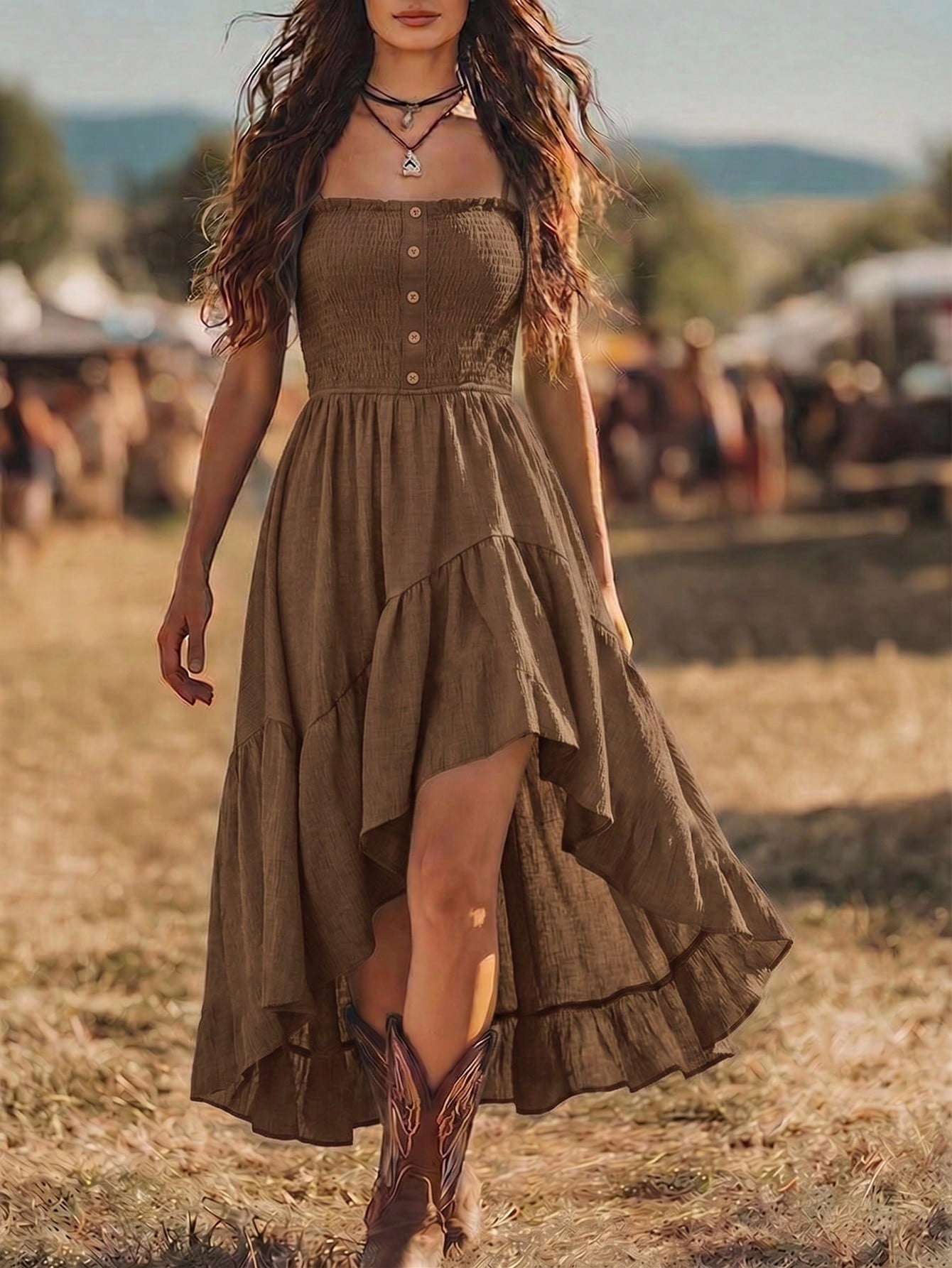 Balvessa Bohemian Style Casual Vacation Front Short Back Long Cinched