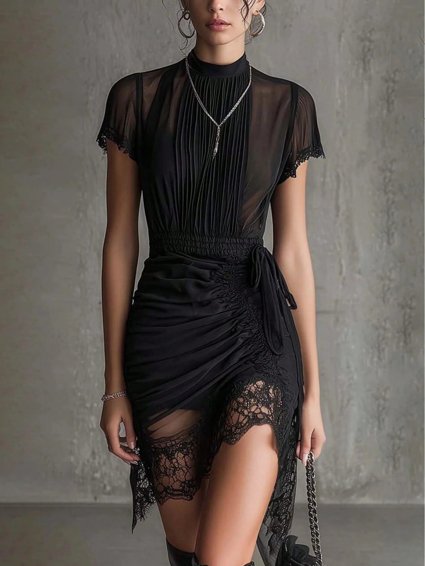 Women's Elegant Lace Plaid Dress,High Neck High-Angle Cut Short Skirt