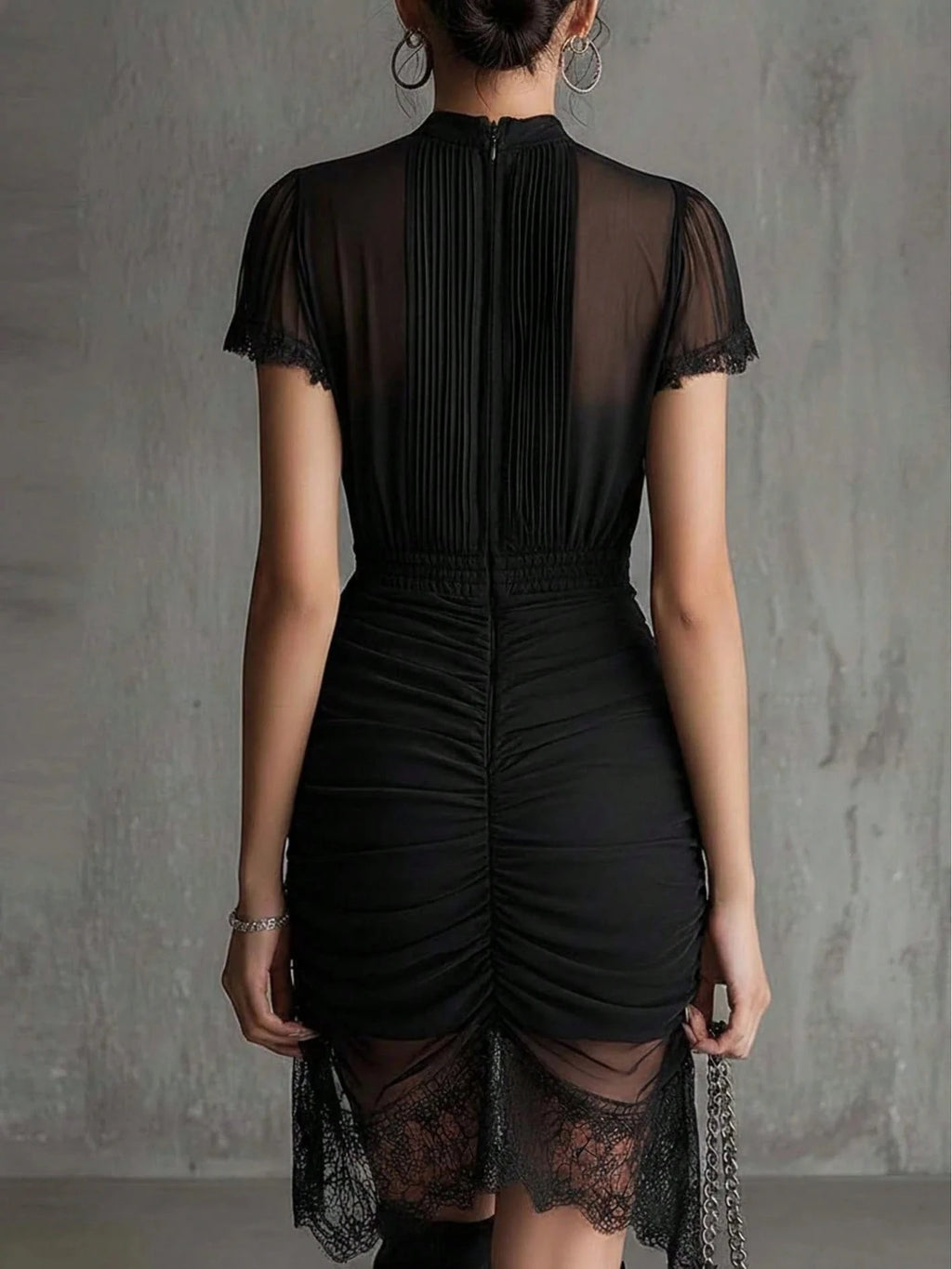 Women's Elegant Lace Plaid Dress,High Neck High-Angle Cut Short Skirt