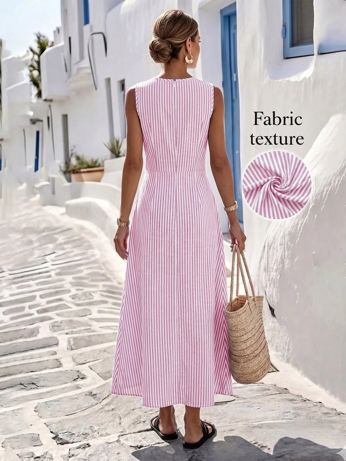 Louniche Women's Summer Blue And White Striped Fabric Round Neck
