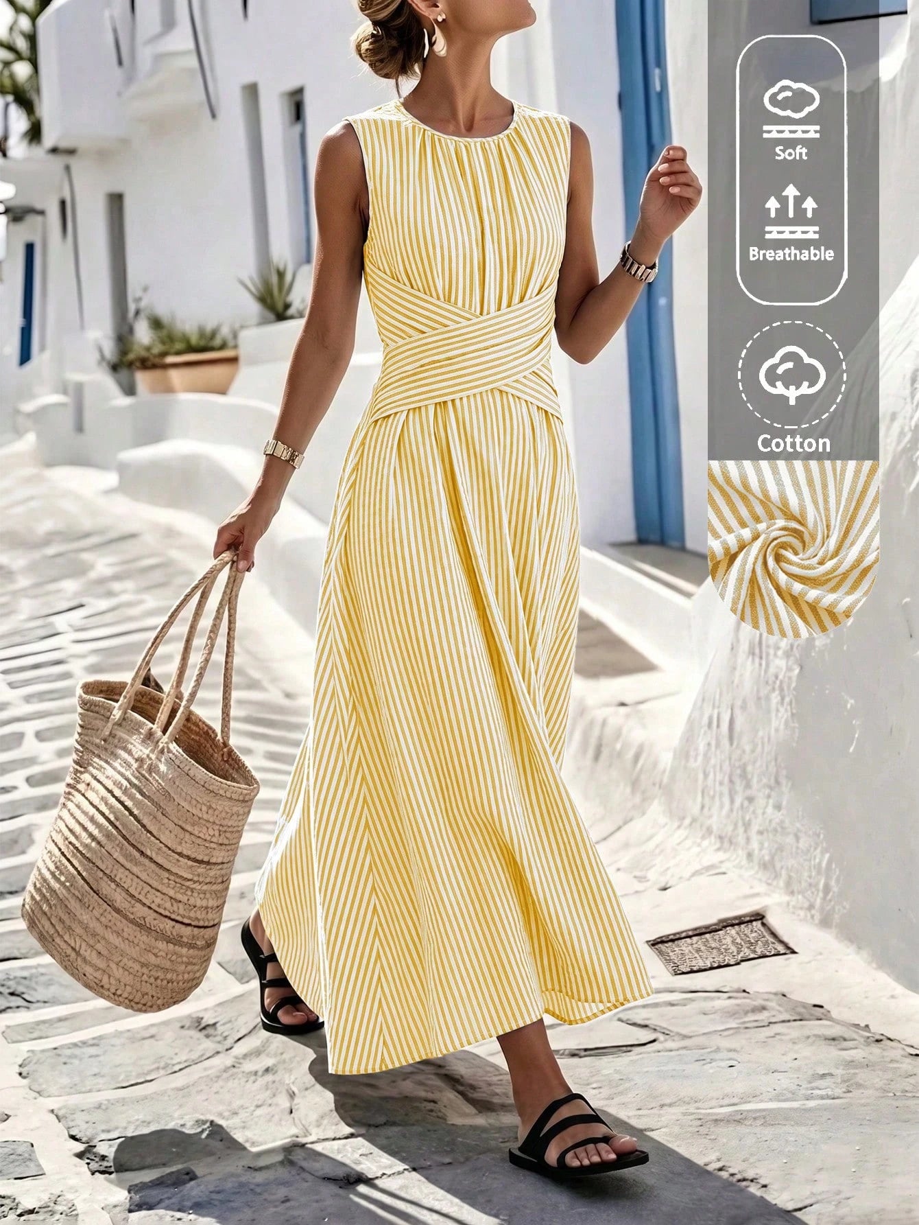Louniche Women's Summer Blue And White Striped Fabric Round Neck