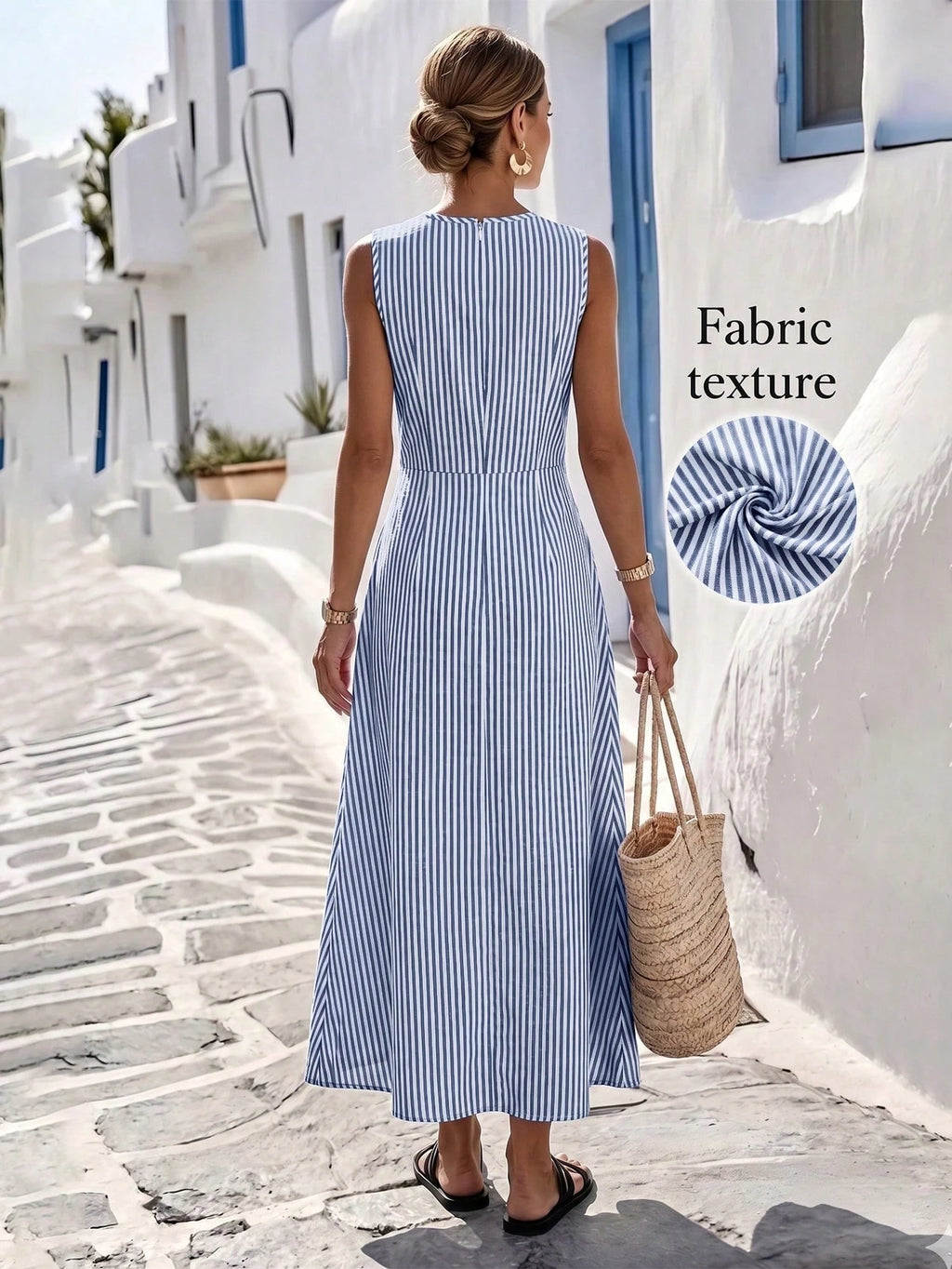 Louniche Women's Summer Blue And White Striped Fabric Round Neck