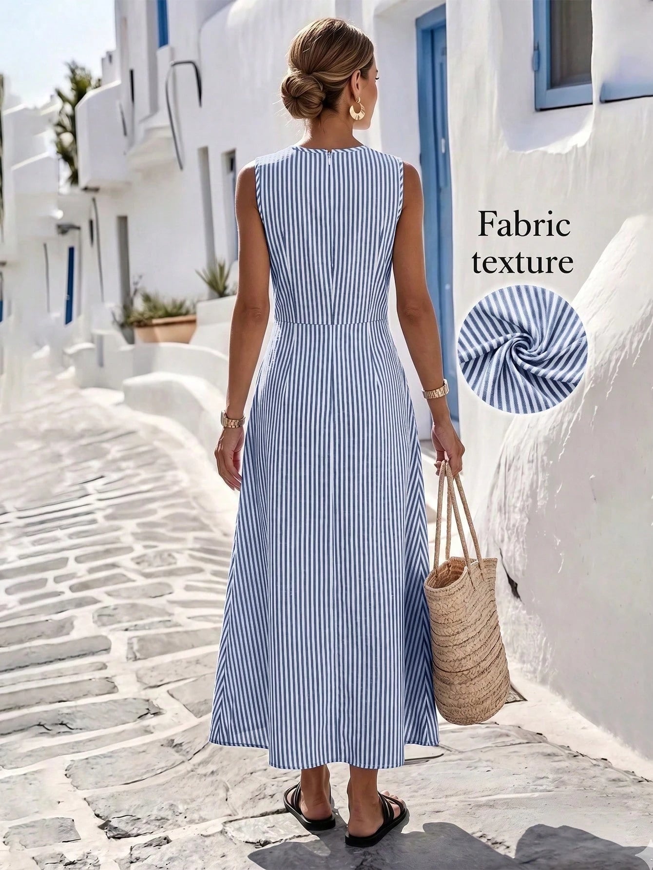 Louniche Women's Summer Blue And White Striped Fabric Round Neck