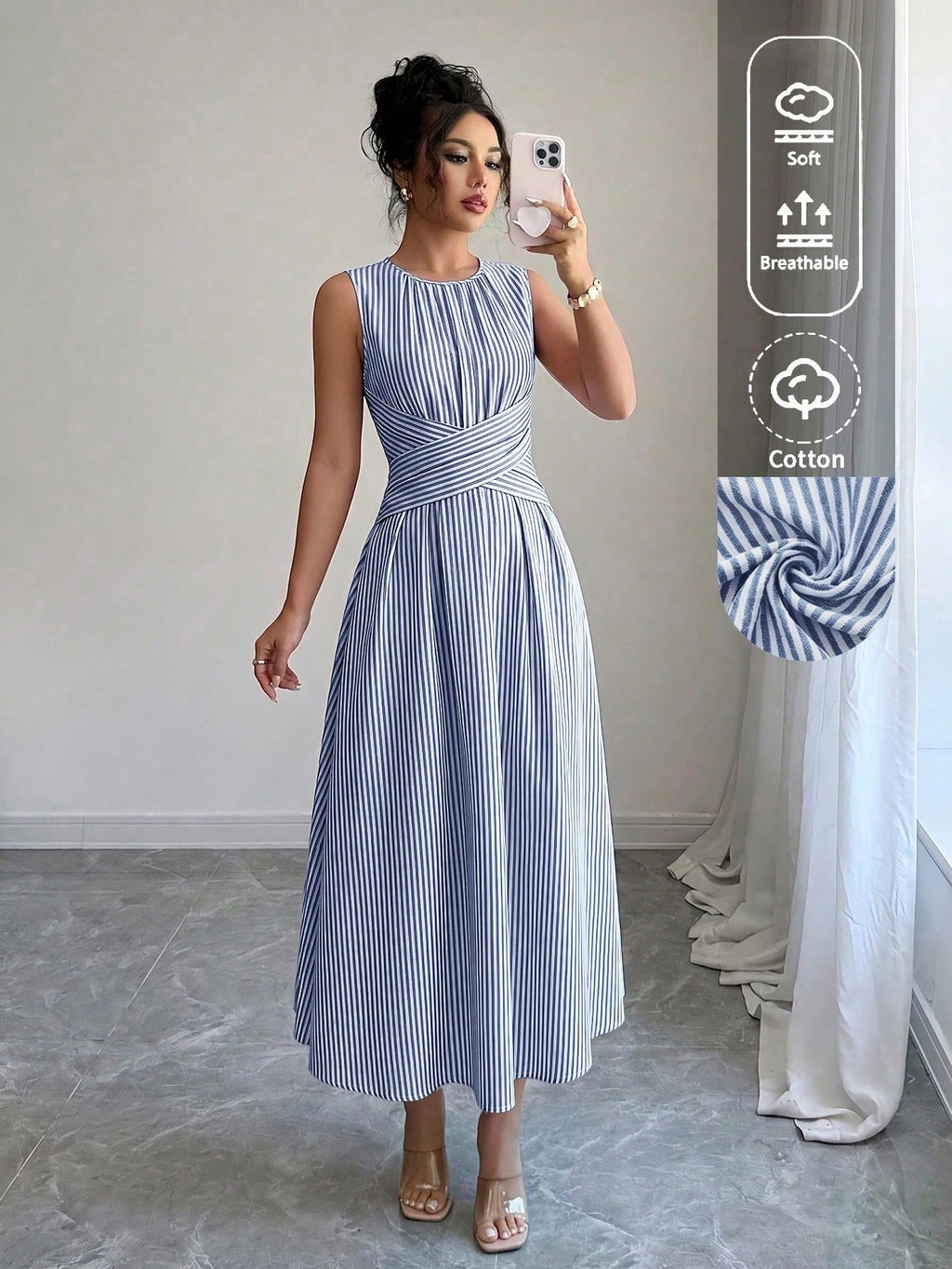 Louniche Women's Summer Blue And White Striped Fabric Round Neck