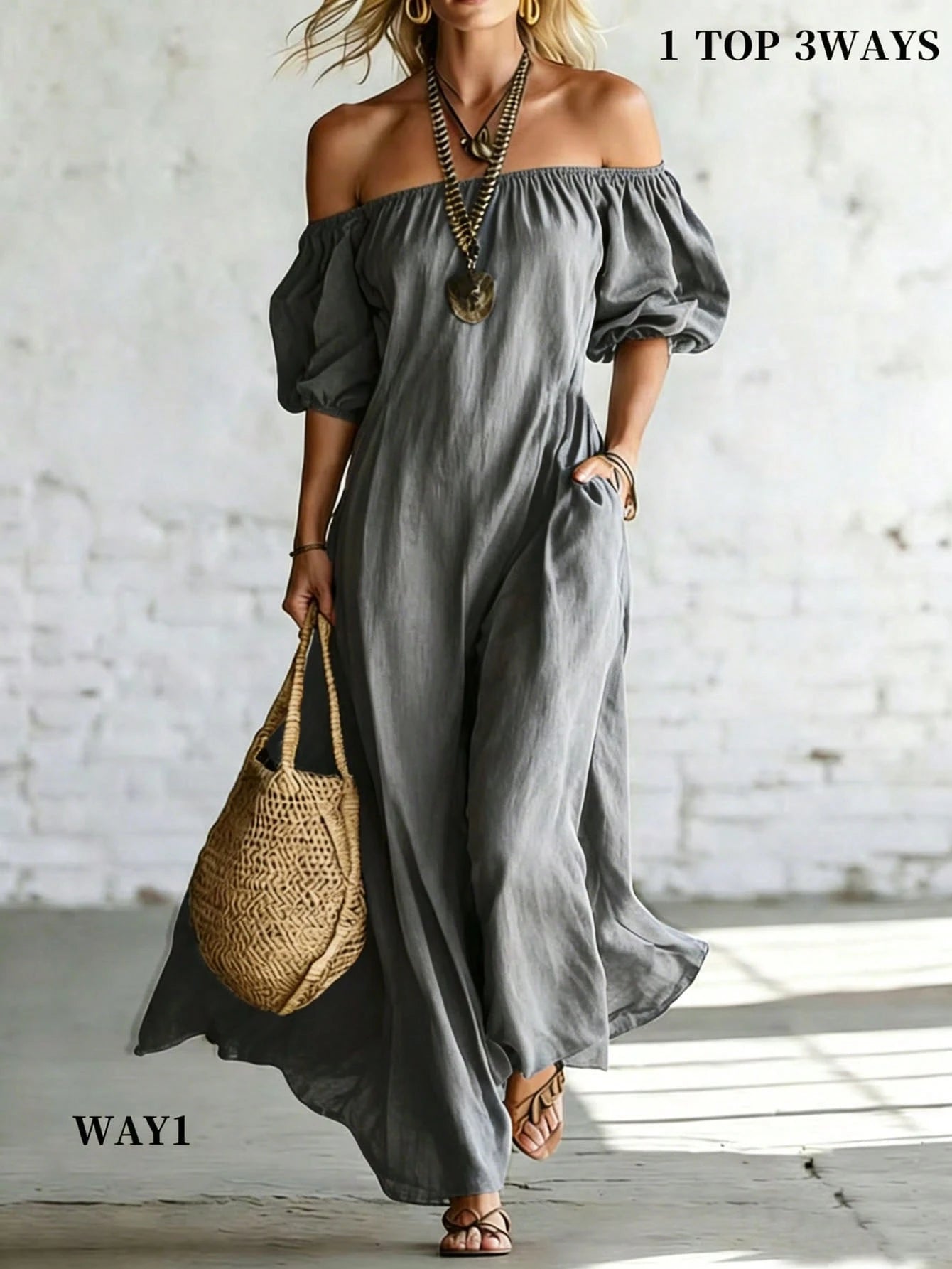 Holidaya Women's Vacation Casual Solid Color Off-Shoulder Dress