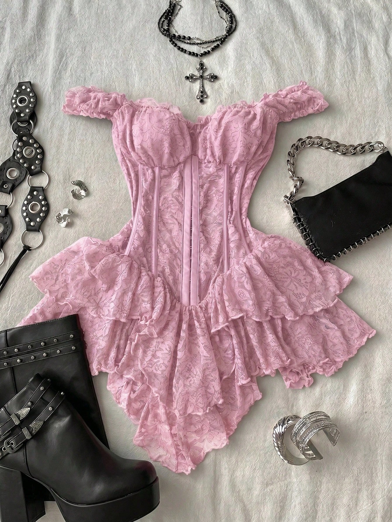 Attitoon Women's Casual Vintage Corset Lace Fitted Asymmetrical Hem