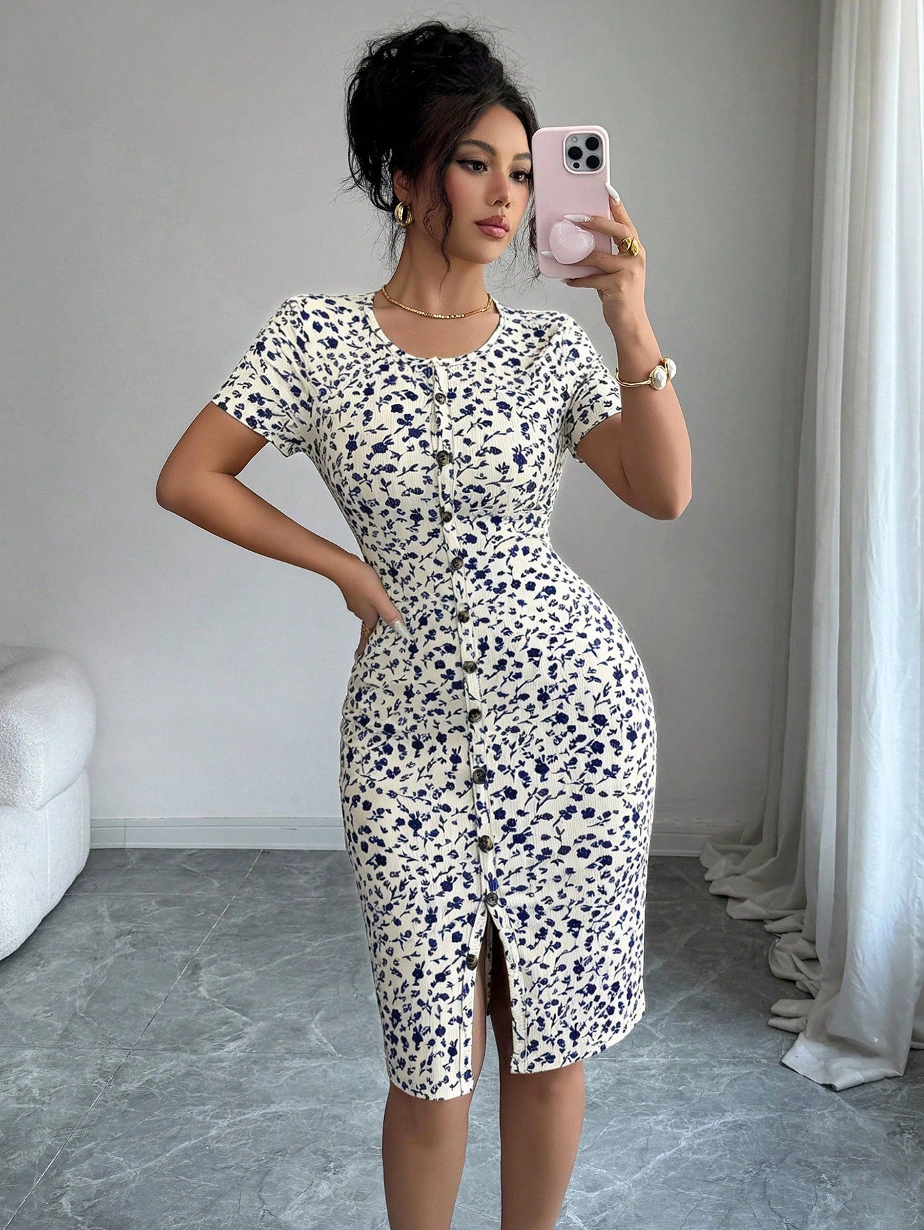 Elenzga Women's Spring/Summer Round Neck Knit Floral Short Dress, Decorated With Ditsy Floral Pattern, - image 13